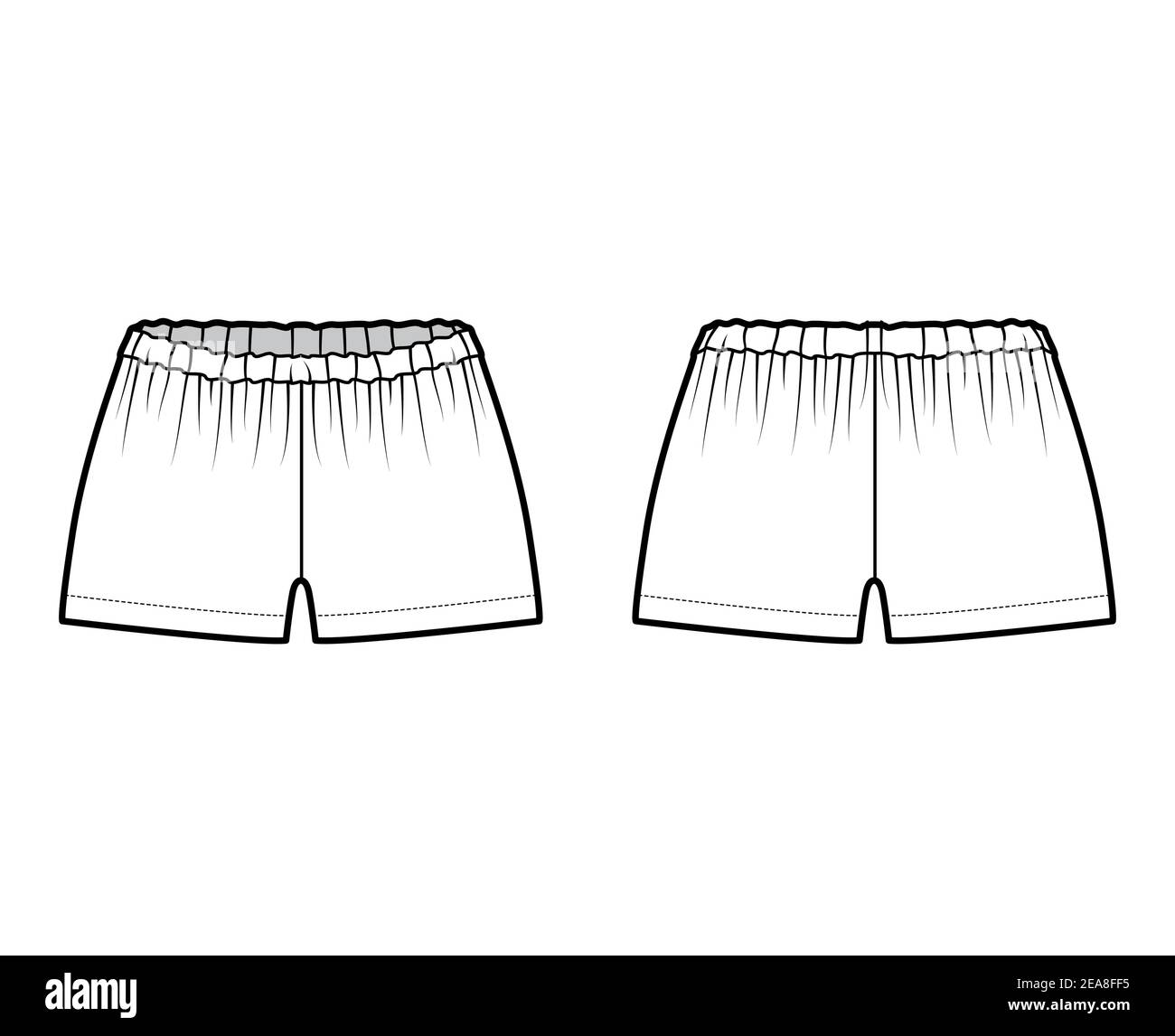 Short Tap pantalon technique mode illustration avec mini-longueur, taille basse, taille, fronces. Modèle de vêtement de nuit plat pour le bas, à l'avant, à l'arrière, de couleur blanche. Femmes hommes unisexe CAD maquette Illustration de Vecteur