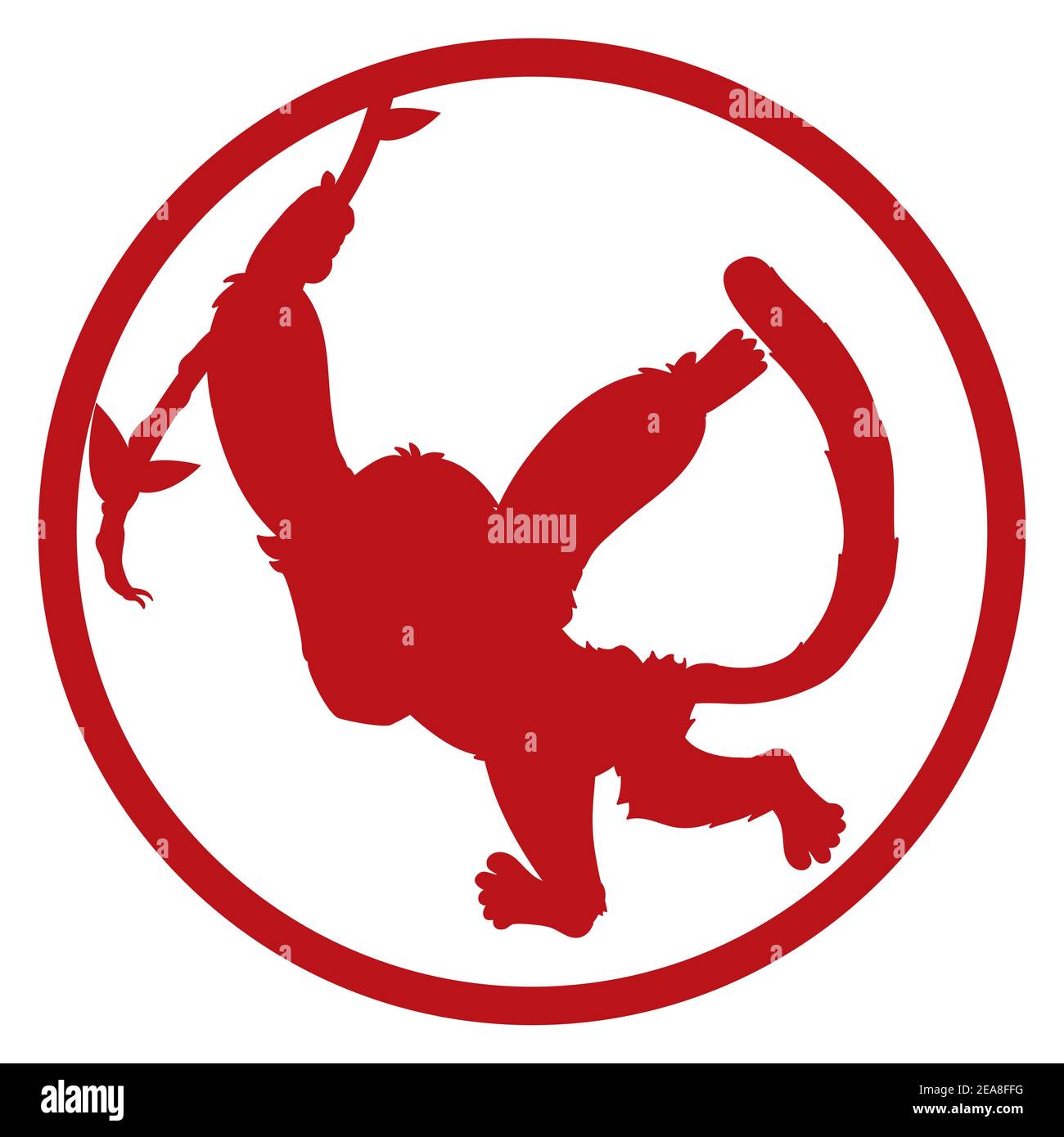 Silhouette rouge d'un singe accroché d'une vigne avec des feuilles à l'intérieur d'un bouton rond, isolé sur fond blanc. Illustration de Vecteur