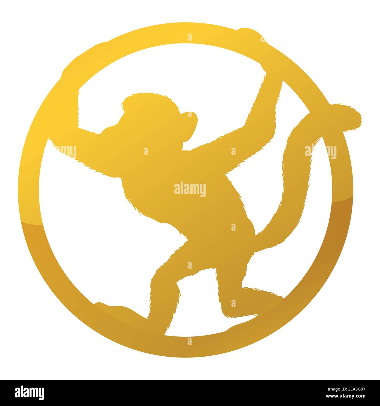 Motif doré isolé avec singe à queue accroché dans un anneau sur fond blanc. Illustration de Vecteur