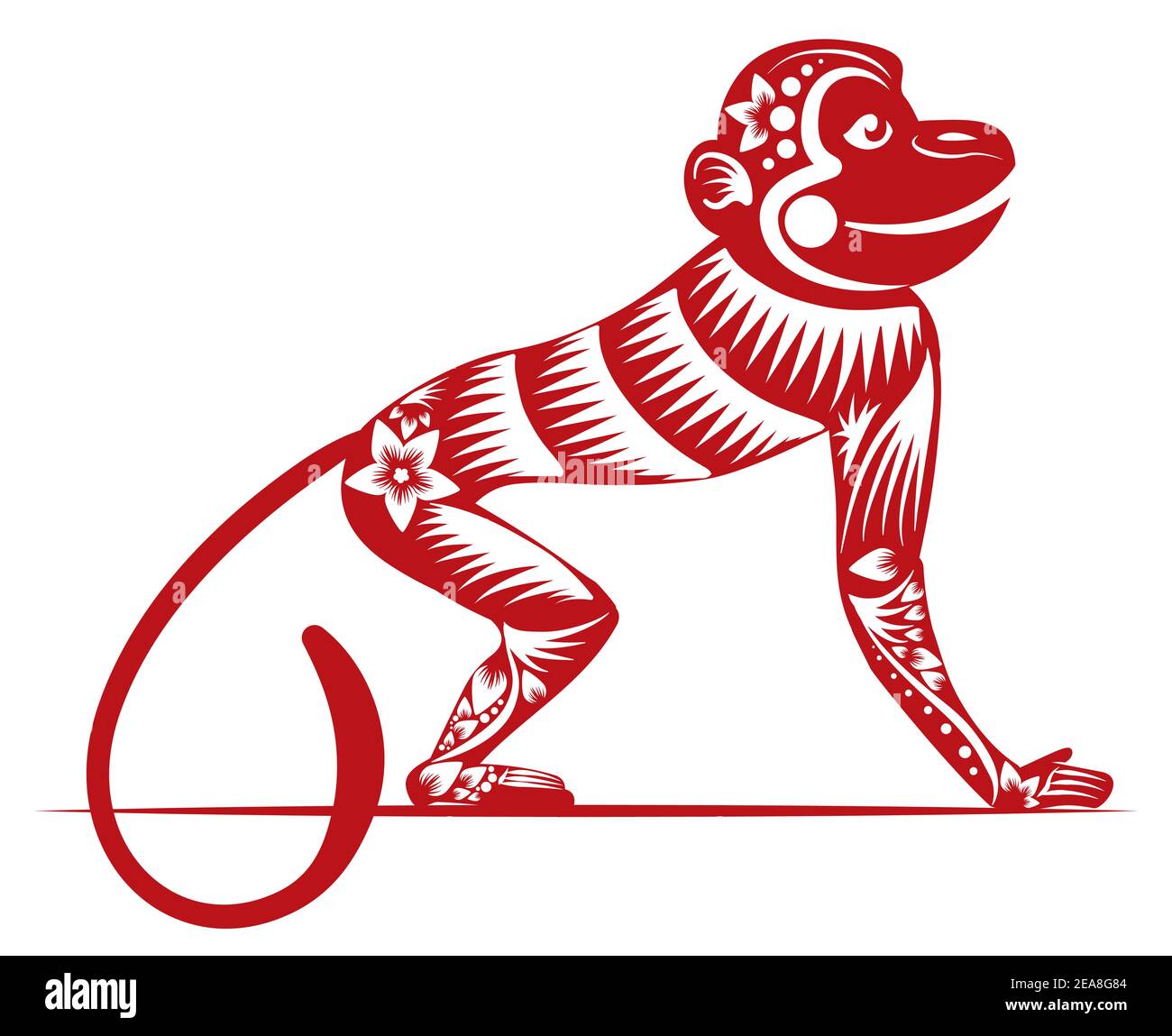 Singe de Zodiac chinois de couleur rouge, décoré de fleurs et de pétales, isolé sur fond blanc. Illustration de Vecteur