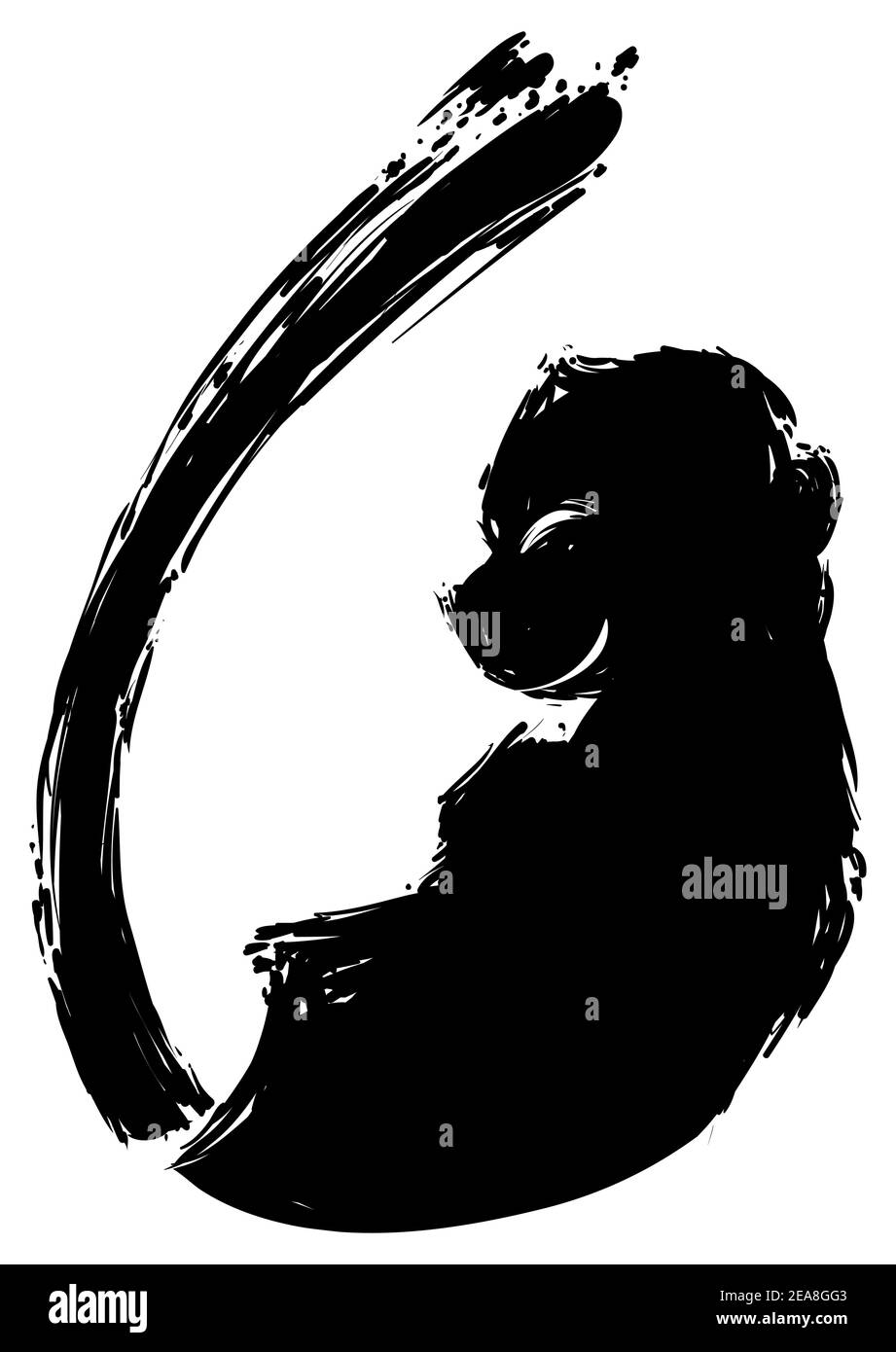 Singe souriant avec longue queue en style coups de pinceau, isolé sur fond blanc. Illustration de Vecteur