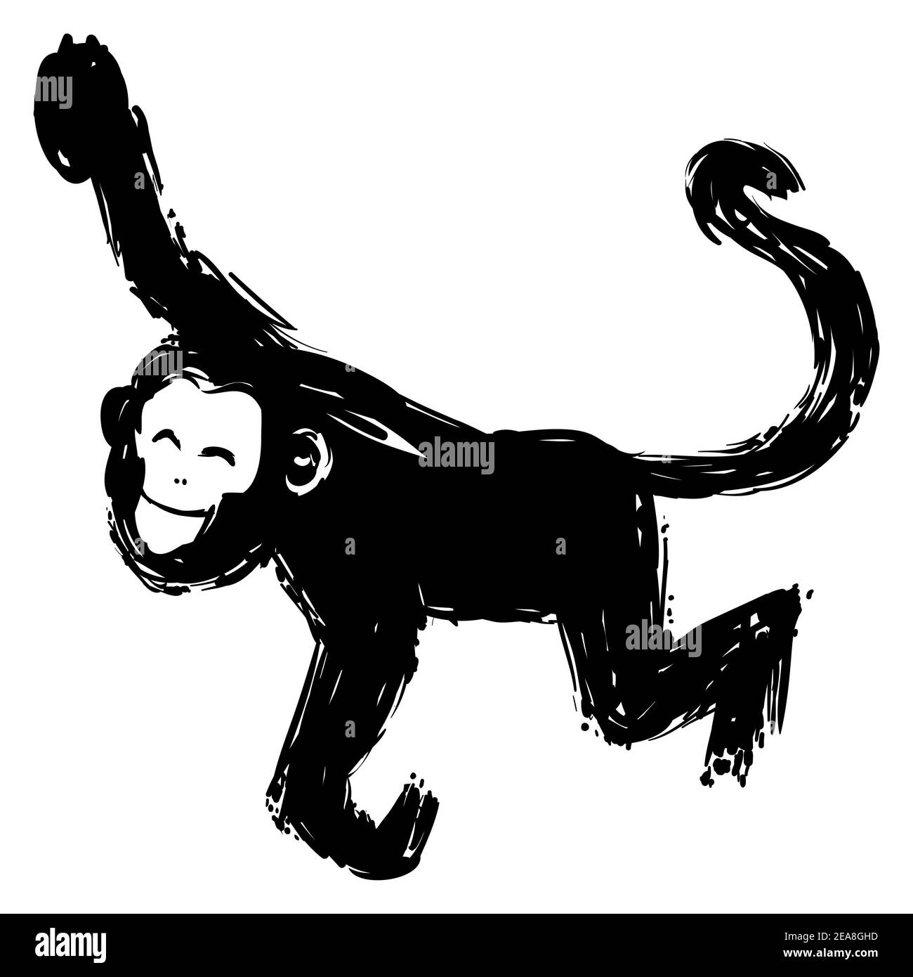 Dessin à la main avec singe drôle suspendu avec bras et queue, en style coups de pinceau et peinture noire. Illustration de Vecteur