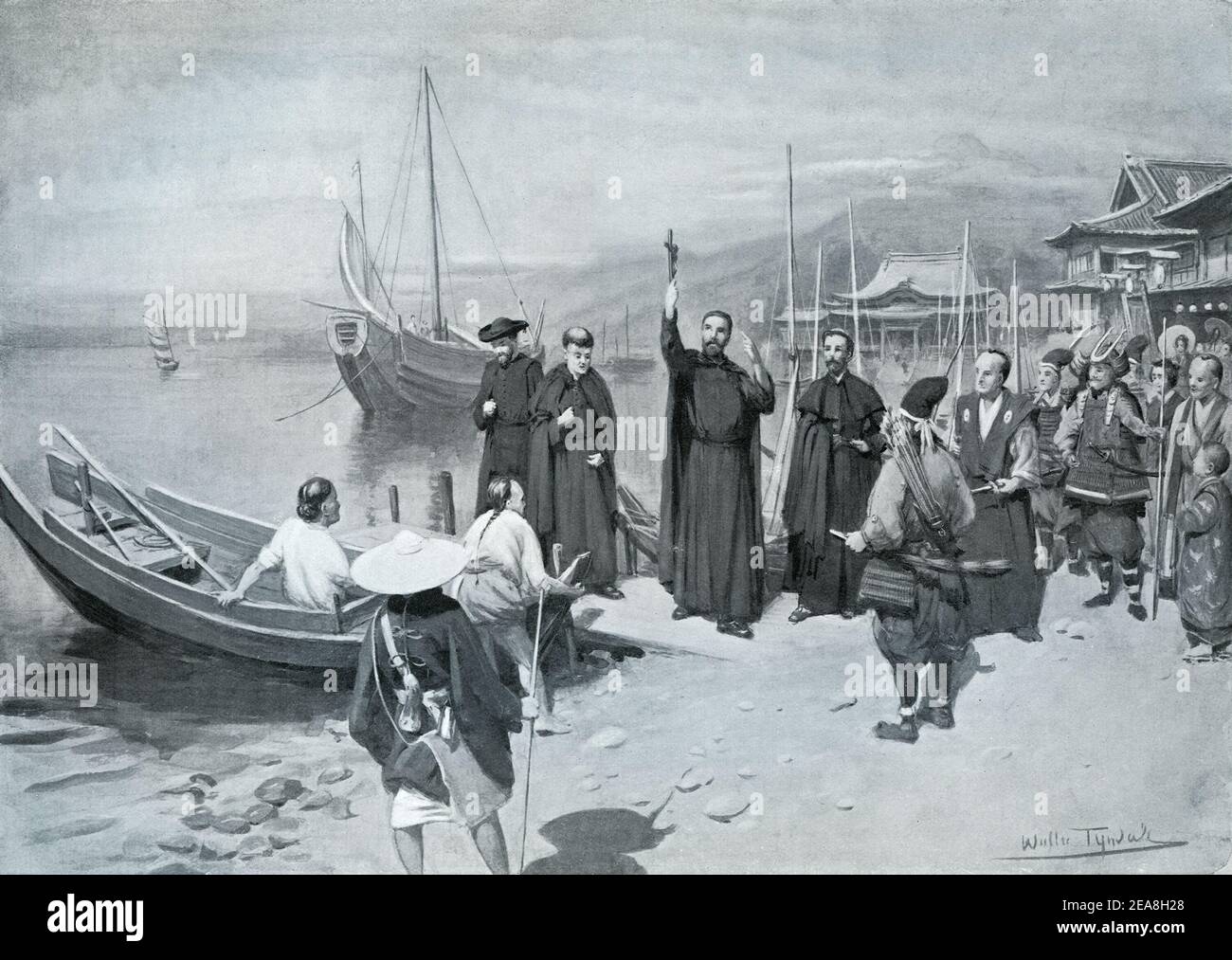 Une illustration intitulée le débarquement de Saint Frances Xavier à Kagoshima. Peint par Walter Frederick Roope Tyndale vers 1914. Il montre le prêtre jésuite et ses compagnons arrivant au Japon le 15 août 1549 un missionnaire catholique de Navarre et saint qui était le co-fondateur de la Société de Jésus. Banque D'Images