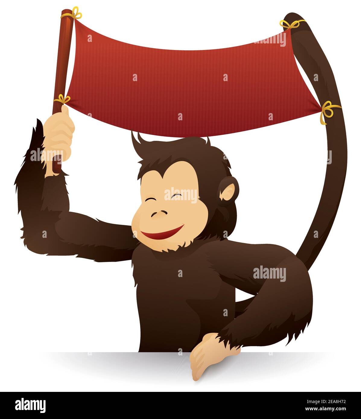 Singe souriant tenant un modèle de bannière vide avec sa queue et un bâton, isolé sur fond blanc. Illustration de Vecteur