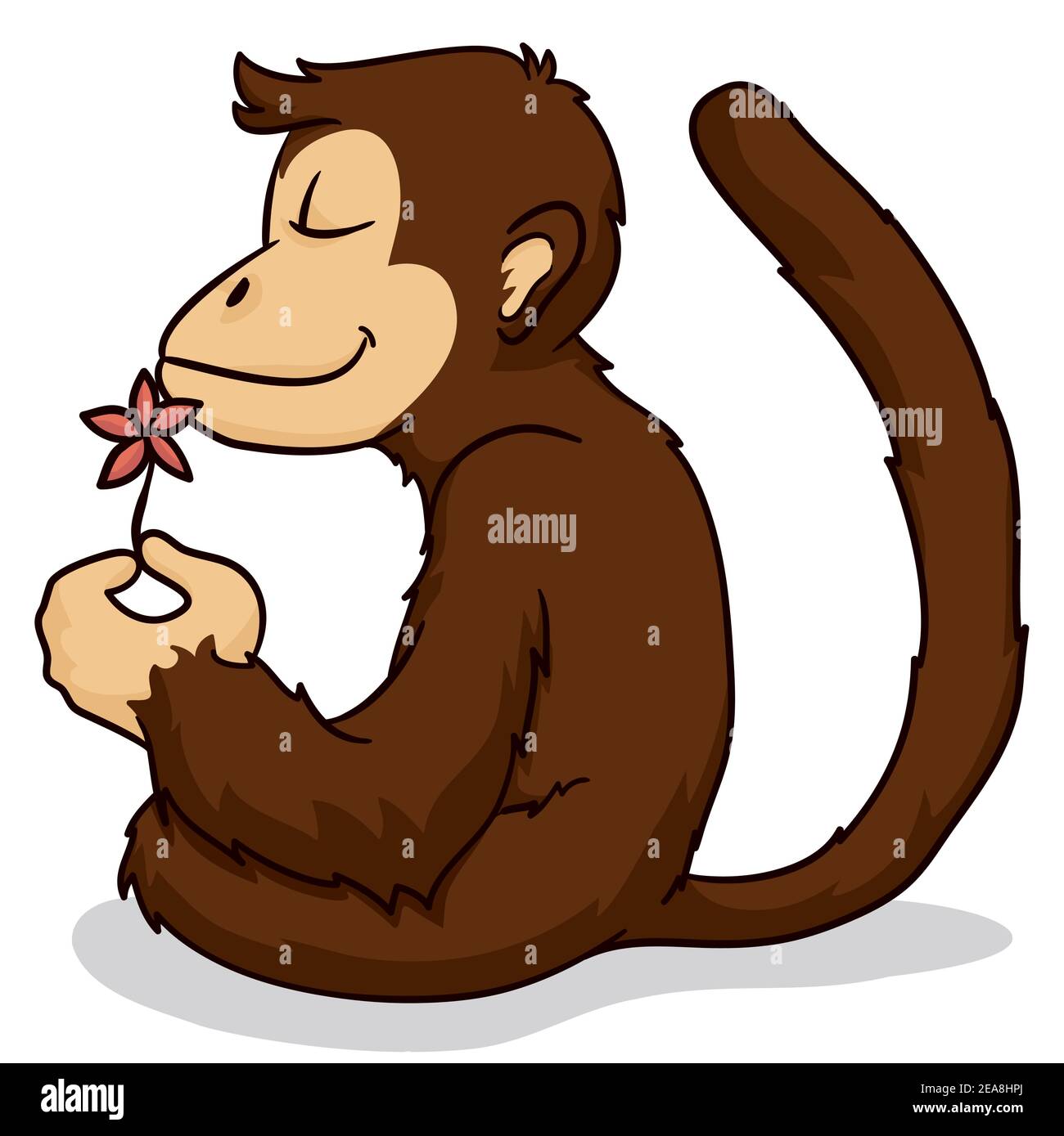 Singe en fourrure sereine assis et sentant une fleur, isolée sur fond blanc. Illustration de Vecteur