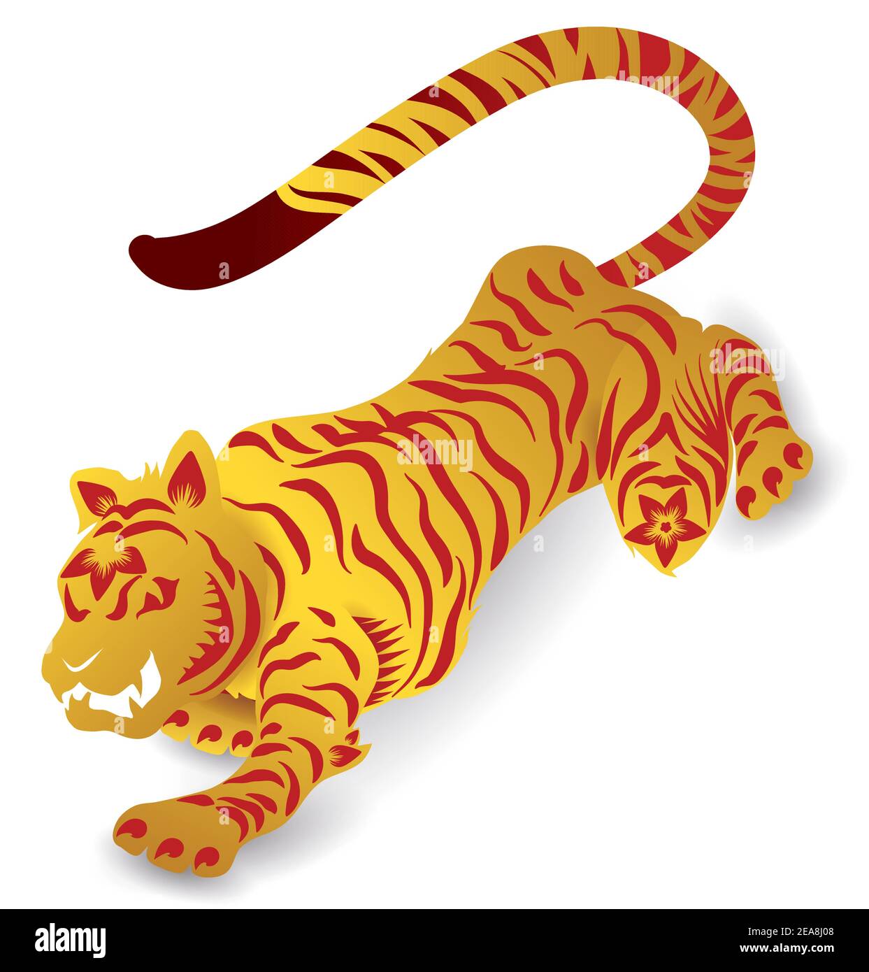 Tigre farouche de Zodiac chinois aux couleurs or et rouge, rayures, griffes, fleurs et pétales, isolé sur fond blanc. Illustration de Vecteur