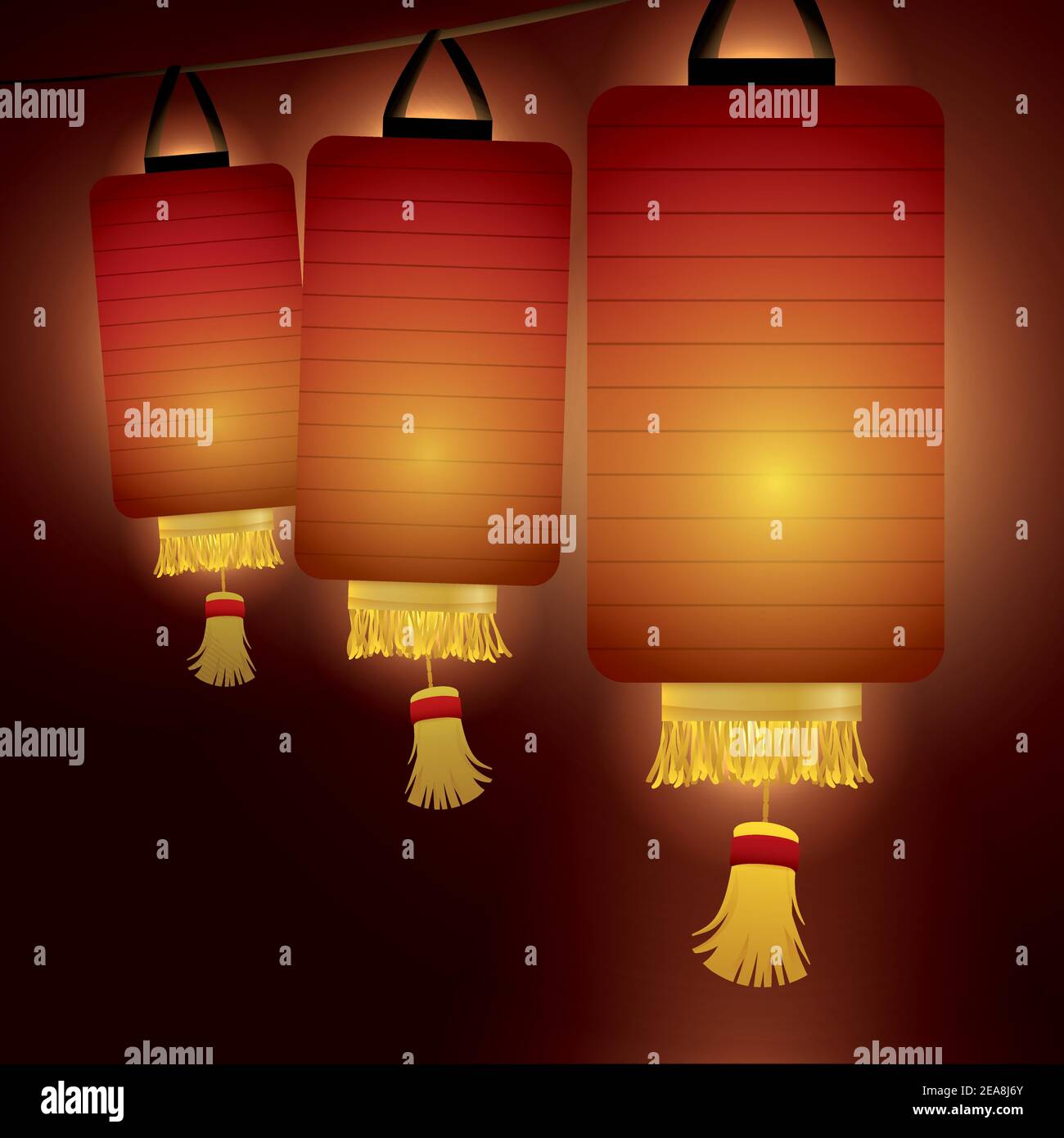 Lanternes chinoises aux formes cylindriques, décorées de franges illuminant la nuit. Illustration de Vecteur