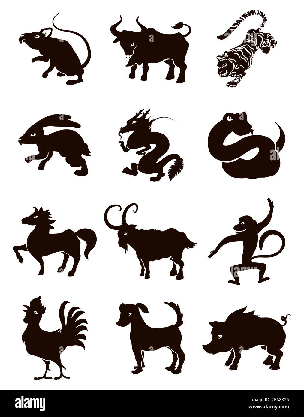 Silhouettes noires représentant les douze animaux du zodiaque chinois : boeuf, tigre, lapin, dragon, serpent, cheval, chèvre, singe, coq, chien et cochon. Illustration de Vecteur