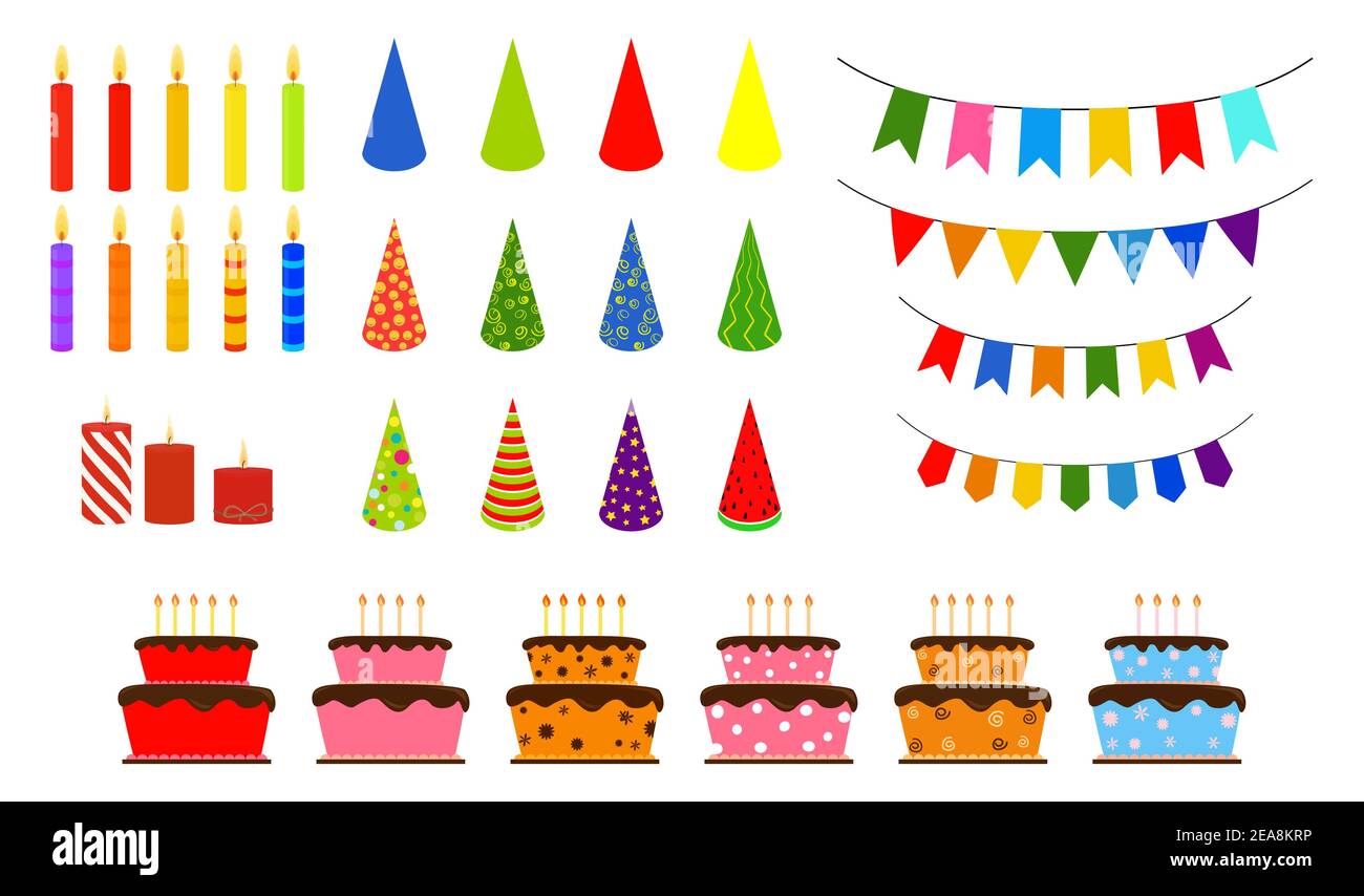 Ensemble d'éléments vectoriels de fête d'anniversaire. Drapeaux décoratifs, bougies et gâteau ornementé différentes couleurs isolées sur blanc. Illustration de Vecteur