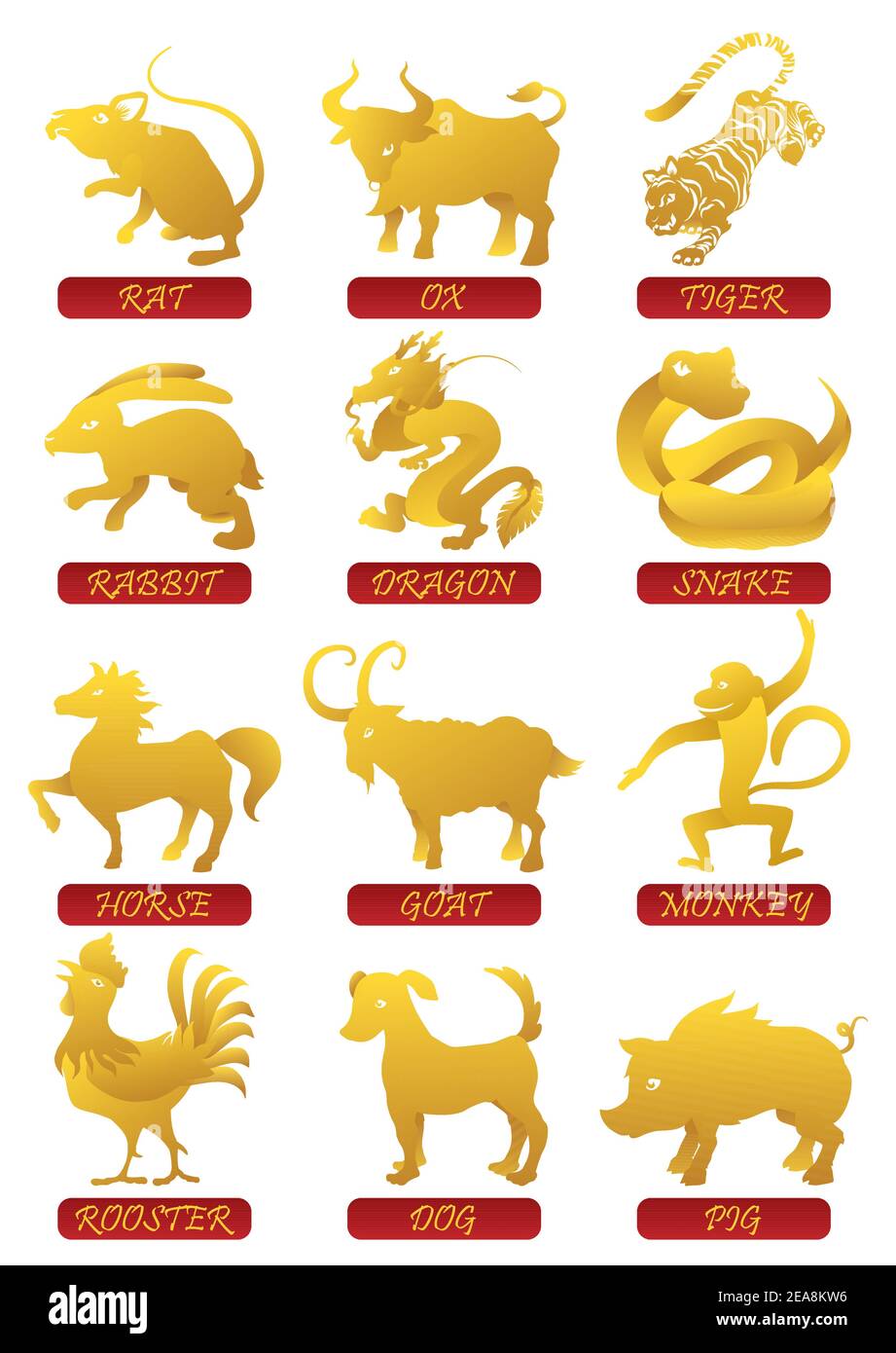 Ensemble avec les animaux chinois Zodiac en silhouettes dorées : rat; boeuf, tigre, lapin, dragon, serpent, cheval, chèvre, singe, coq, chien et porc. Illustration de Vecteur