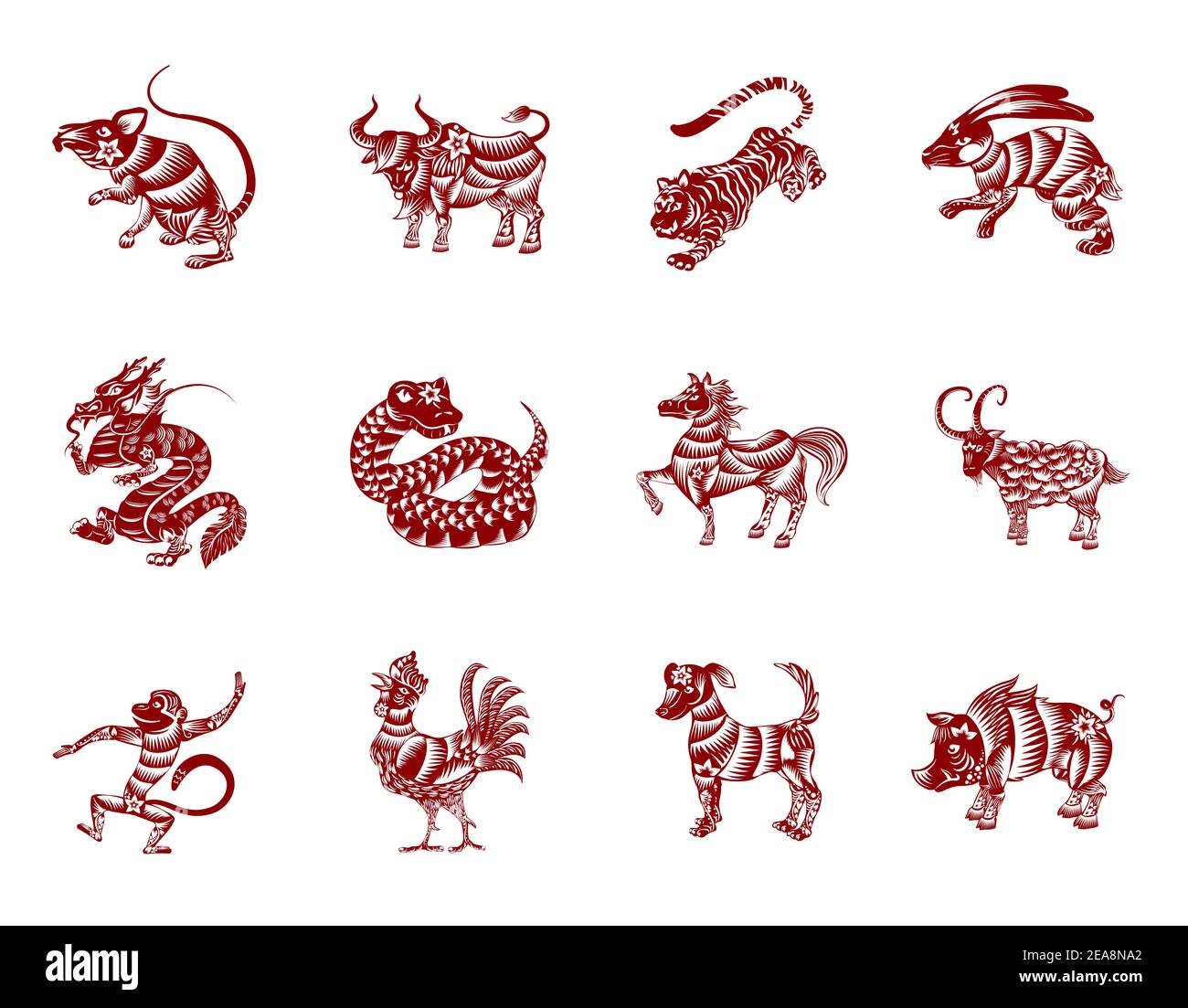 Ensemble des douze animaux chinois zodiaques en silhouettes, lignes, fleurs, rouge et blanc couleurs: Rat; boeuf, tigre, lapin, dragon, serpent, cheval, chèvre, mon Illustration de Vecteur