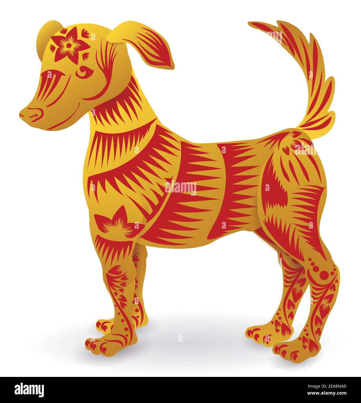 Sympathique et mignon chien de Zodiac chinois dans des couleurs dorées et rouges, décoré avec des lignes, des fleurs et des pétales. Isolé sur fond blanc. Illustration de Vecteur