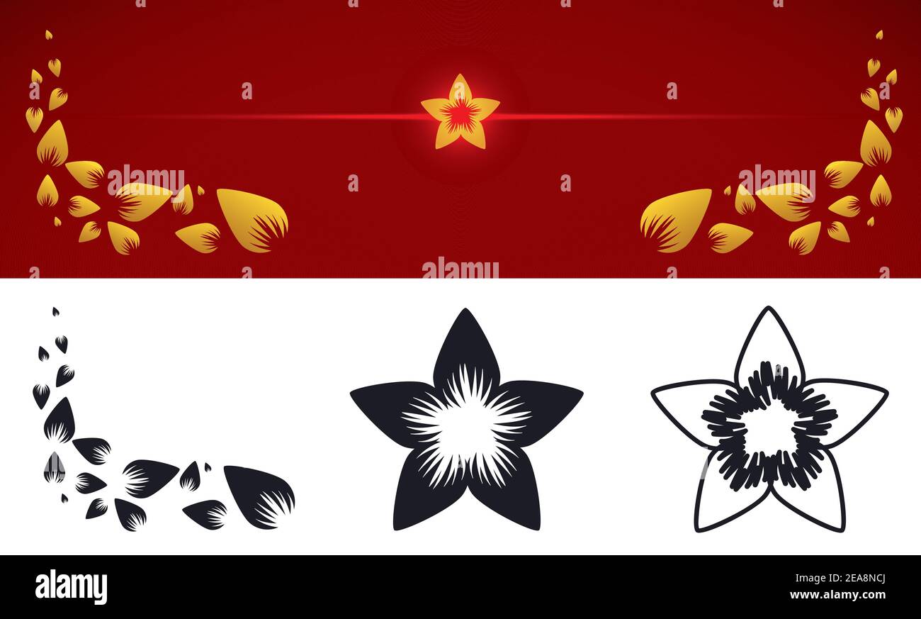 Motif avec fleurs et pétales de cerise, en version dorée, contours et silhouettes. Illustration de Vecteur