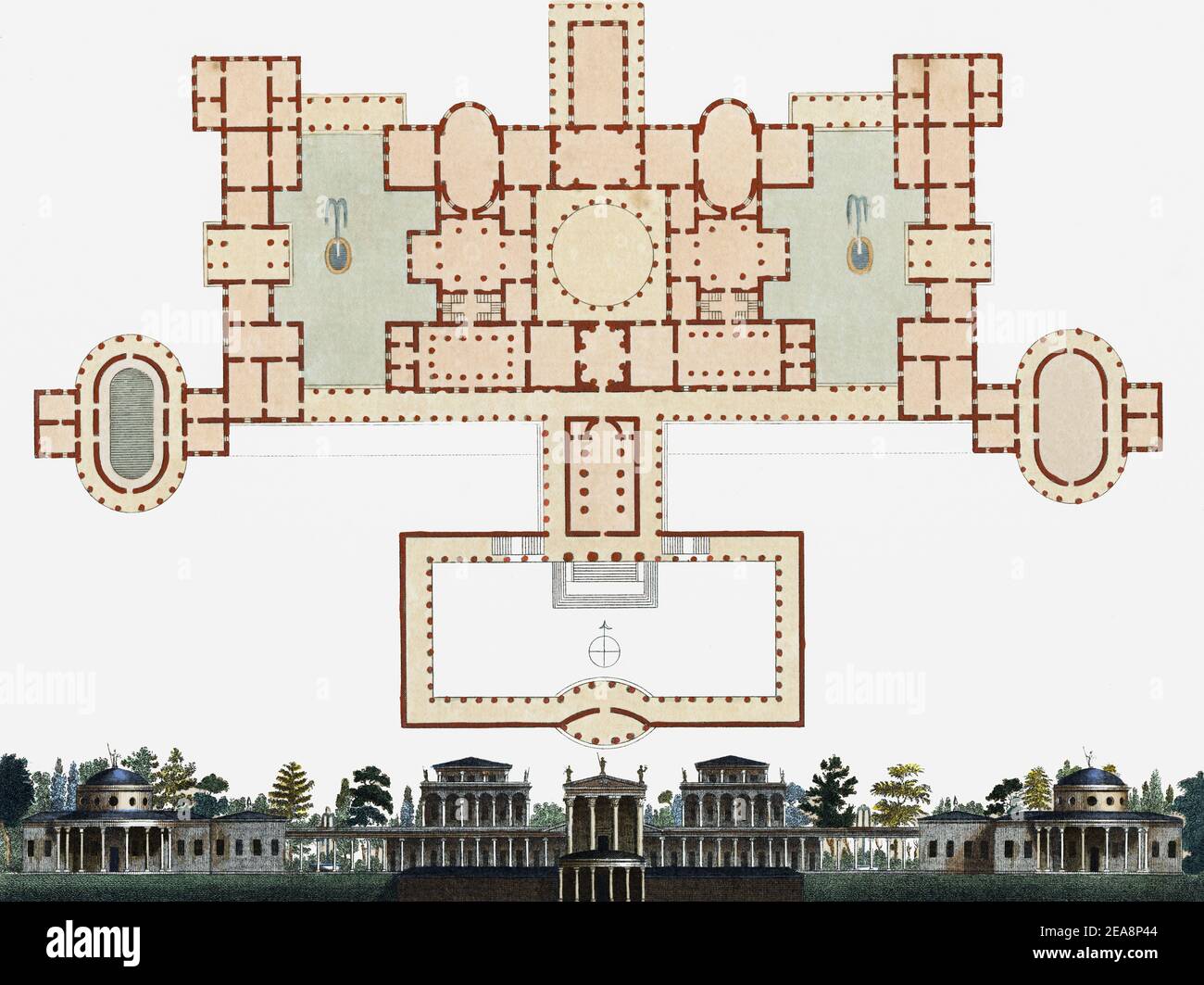 Plan et élévation d'une villa romaine. Après une gravure du XVIIIe siècle par John Pass, également connu sous le nom de John PaaS. Banque D'Images