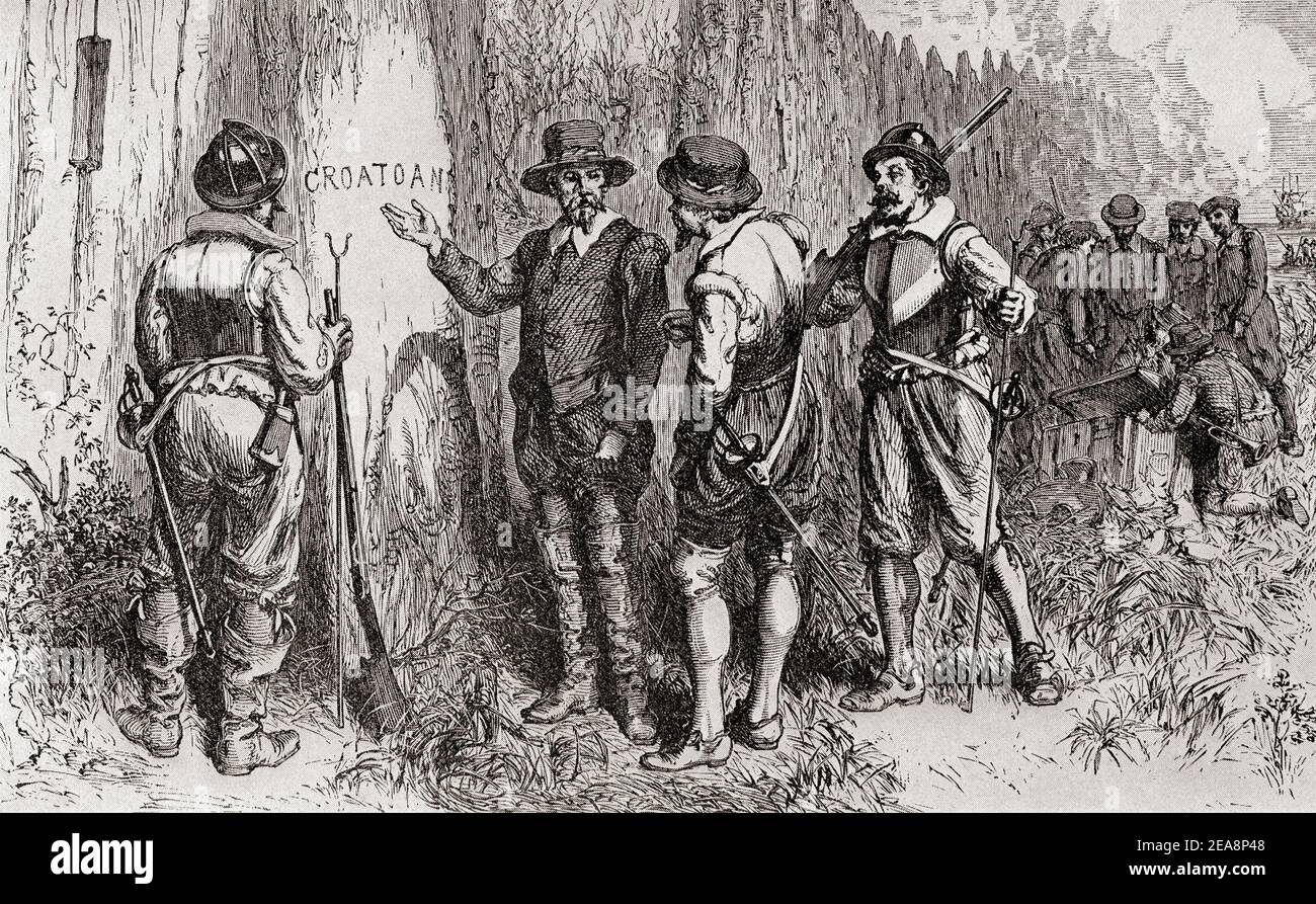 La colonie perdue de Roanoke, île de Roanoke, Caroline du Nord, États-Unis d'Amérique, où 115 personnes ont mystérieusement disparu c. 1590. John White découvre le mot Croatoan sculpté sur un arbre à son retour à la colonie déserte de Roanoke en 1590. Banque D'Images La colonie perdue de Roanoke, île de Roanoke, Caroline du Nord, États-Unis d'Amérique, où 115 personnes ont mystérieusement disparu c. 1590. John White découvre le mot Croatoan sculpté sur un arbre à son retour à la colonie déserte de Roanoke en 1590. Banque D'Images