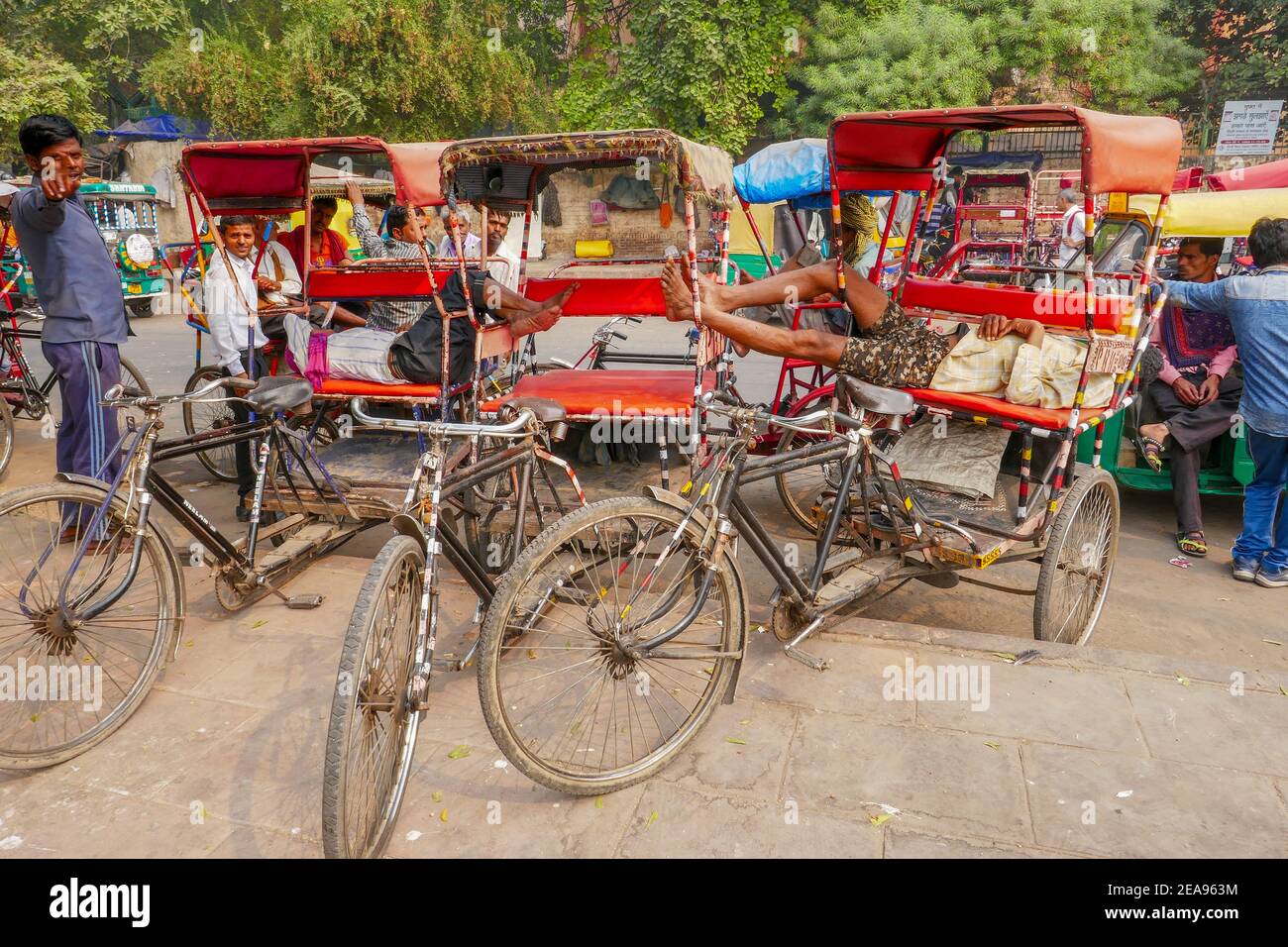 Pousse-pousse avec chauffeur endormi à Delhi, Inde Banque D'Images
