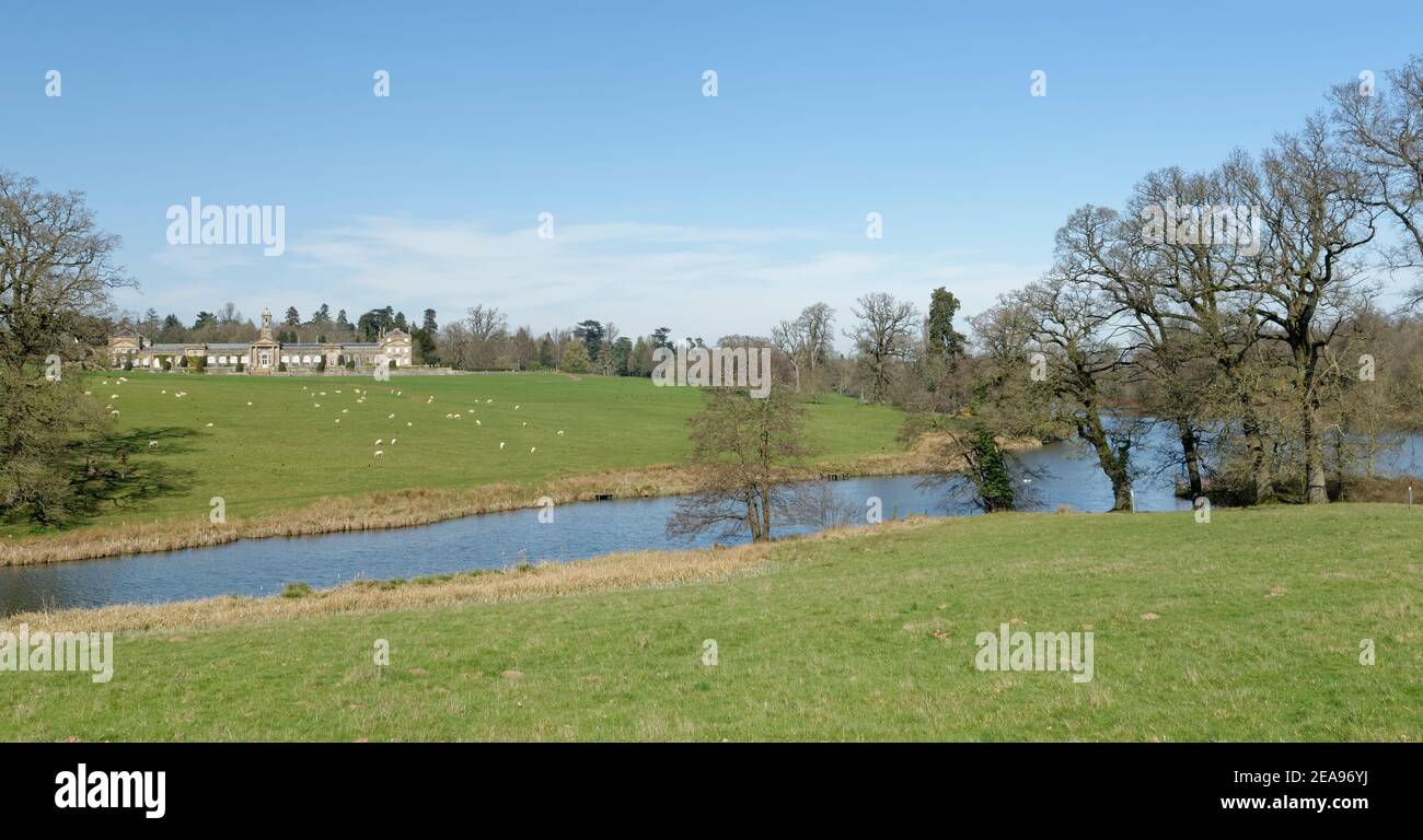 Bowood House and Park, paysagé par Capability Brown, avec pâturage des moutons domestiques (Ovis aries) et lac ornemental, Derry Hill, Wiltshire, Royaume-Uni. Banque D'Images