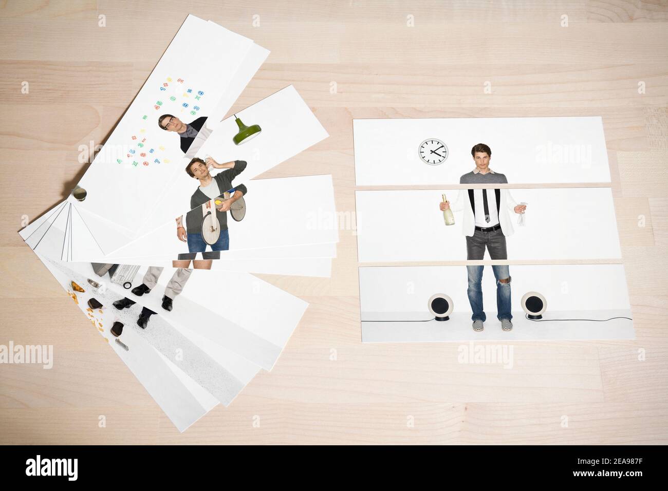Collage, fan de photos, homme dans différents rôles, sur table en bois Banque D'Images