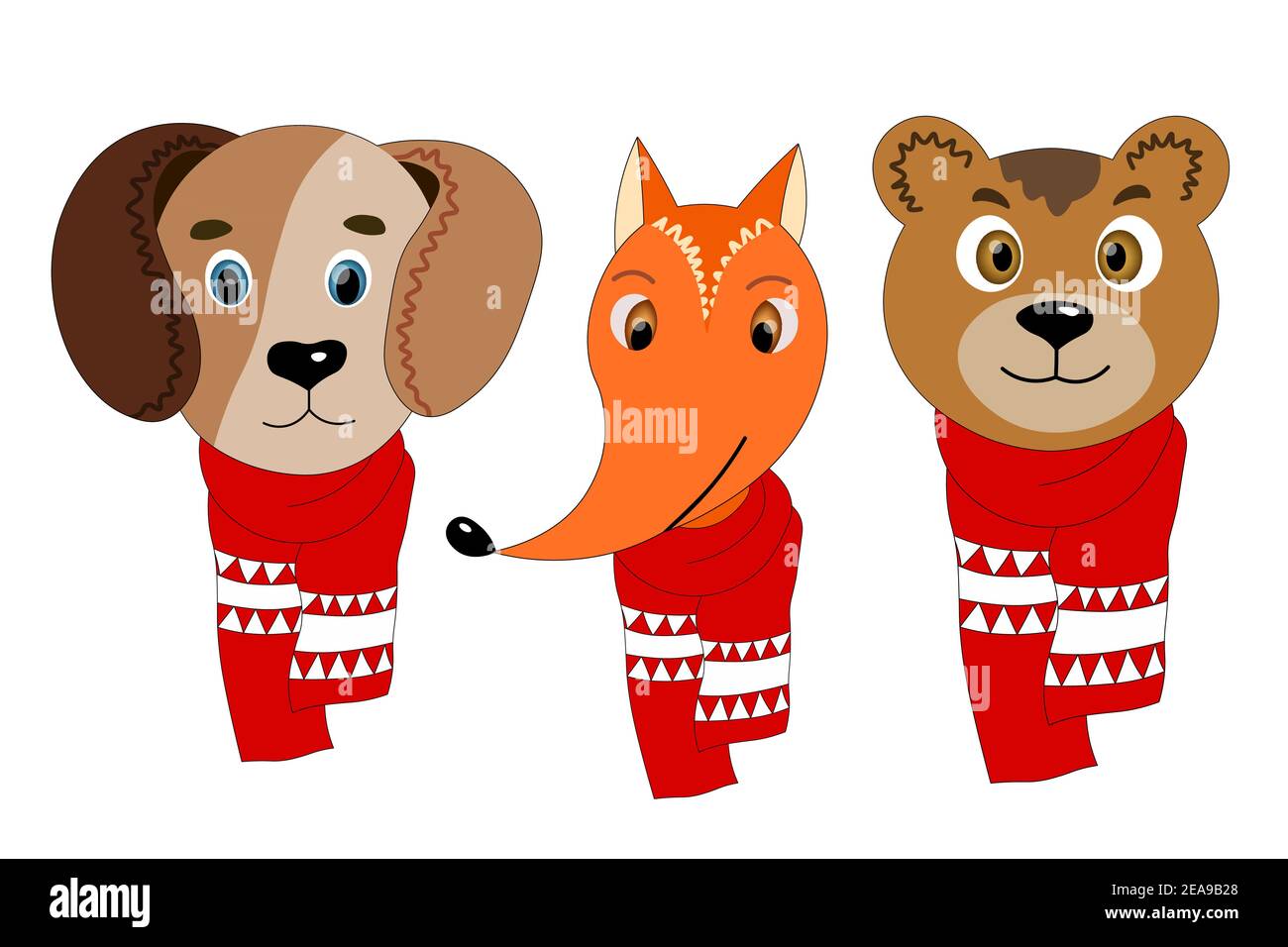 Écharpe d'hiver à motif animal mignon et coloré. DoD, renard, ours. Objets isolés. Illustration plate de dessin animé. Modèle d'icône de noël, autocollant. Illustration de Vecteur