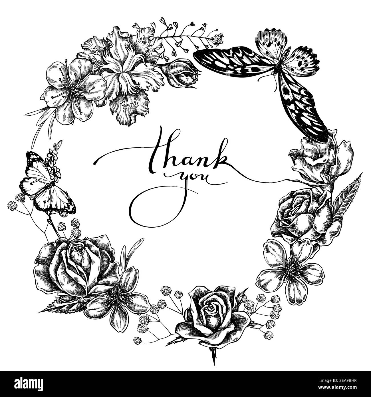 Couronne florale de sac à main de berger noir et blanc, bruyère, iris japonica, sakura, gitsophila, amande, manille géante africaine, tigre de plaine, roses Illustration de Vecteur