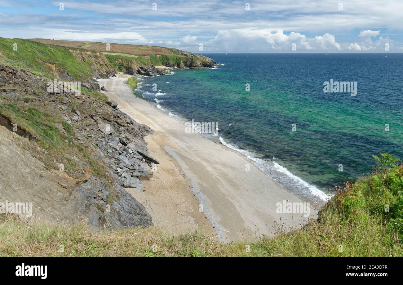Vue d'ensemble de la plage de Porthbeor depuis le sentier de la côte sud-ouest en direction de Porthmelin Head, péninsule de Roseland, près de St.Mawes, South Cornwall, Royaume-Uni. Banque D'Images