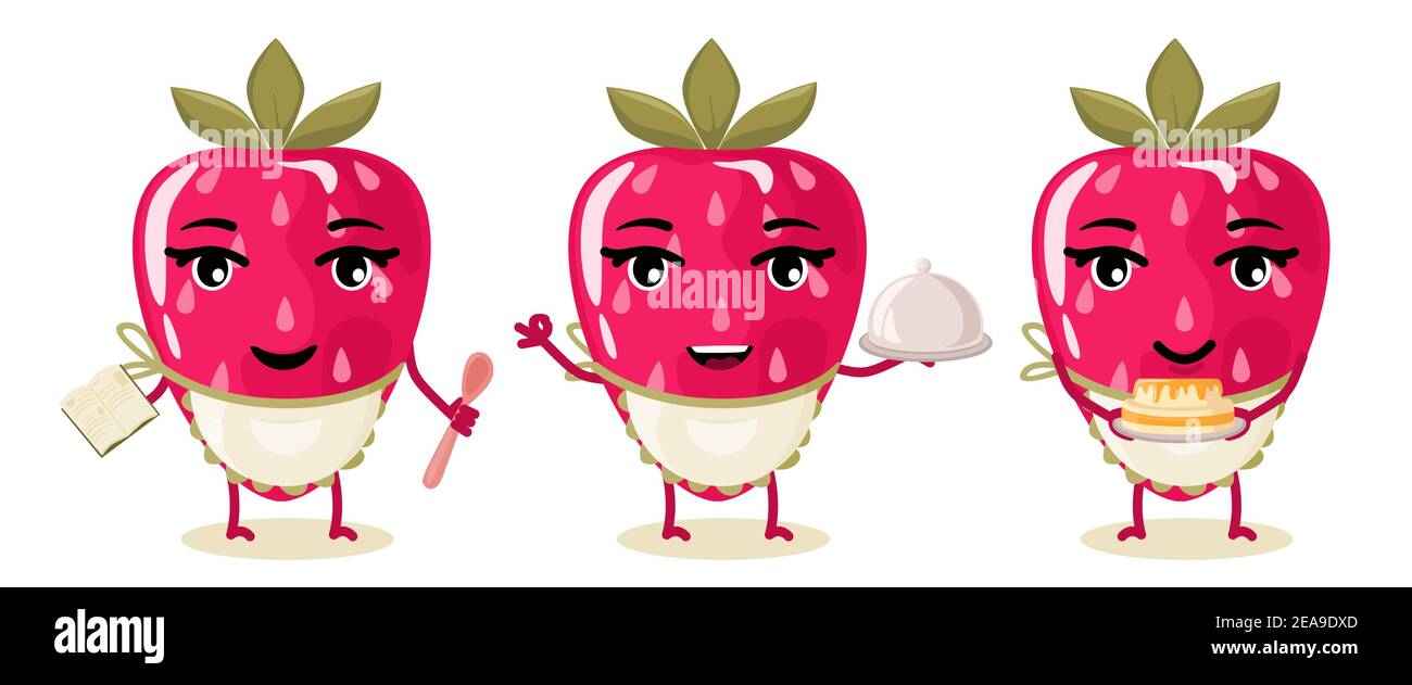 Un ensemble de caractères cuit fraise, de baie, préparer un gâteau selon la recette. Personnage de dessin animé. Illustration de Vecteur