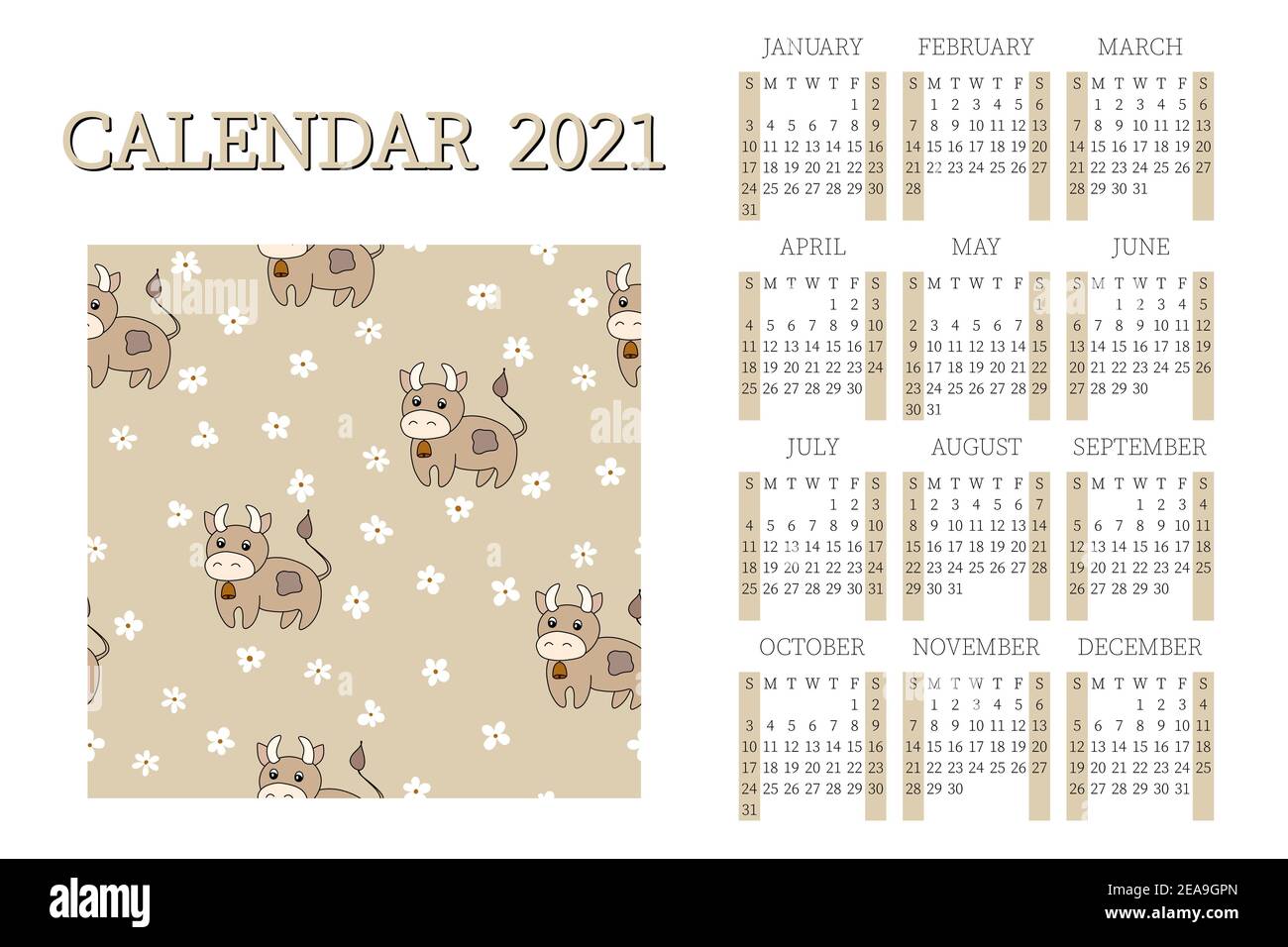 calendrier 2021 avec taureau, symbole année. Сorporate semaine. Modèle de mise en page, 12 mois par an. Conception simple pour les brochures, prospectus et imprimés professionnels Illustration de Vecteur