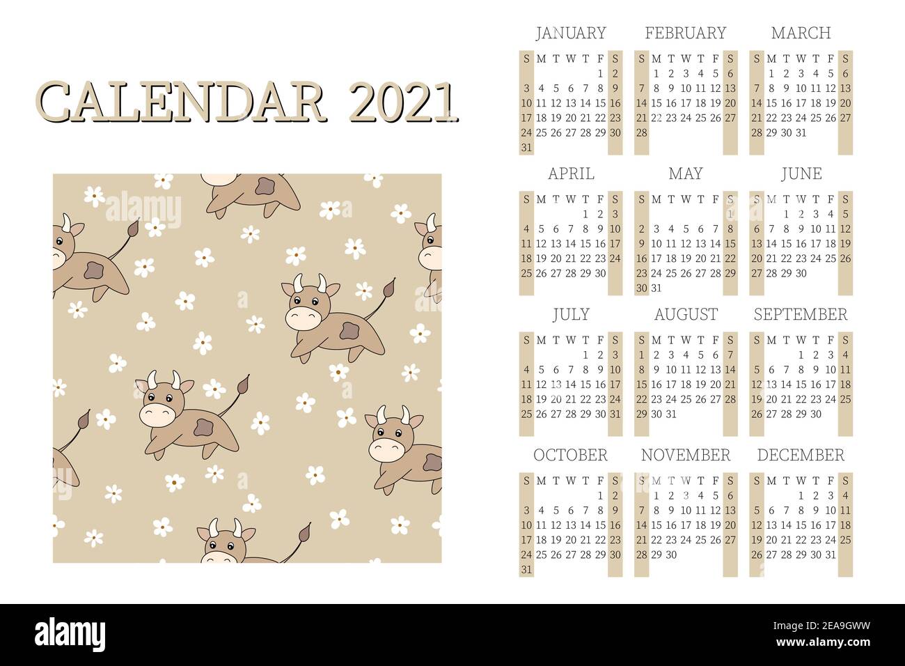 calendrier 2021 avec taureau, symbole année. Сorporate semaine. Modèle de mise en page, 12 mois par an. Conception simple pour les brochures, prospectus et imprimés professionnels Illustration de Vecteur