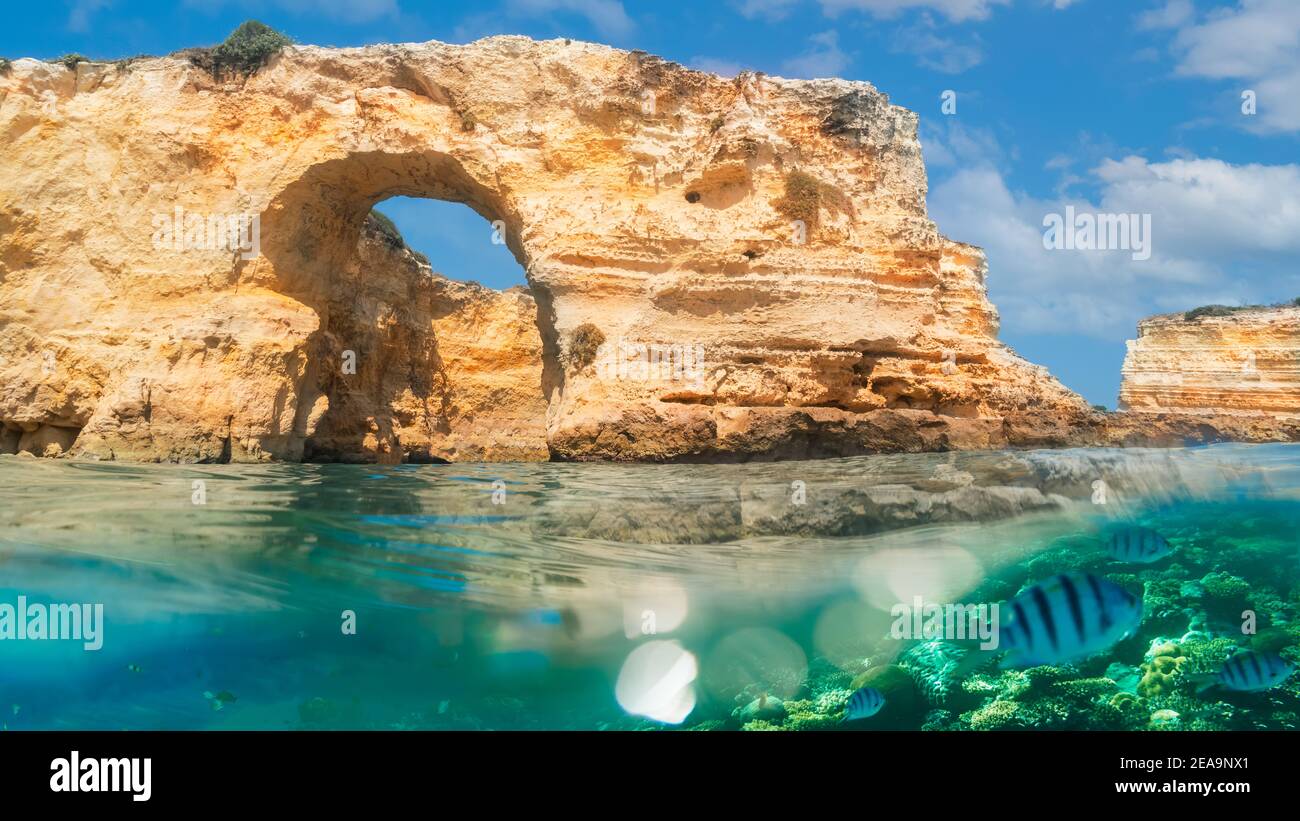 Paysage avec arche naturelle, près de Praia da Marinha, l'un des plus célèbres lieux du Portugal, situé sur la côte Atlantique à Lagoa, Algarve Banque D'Images