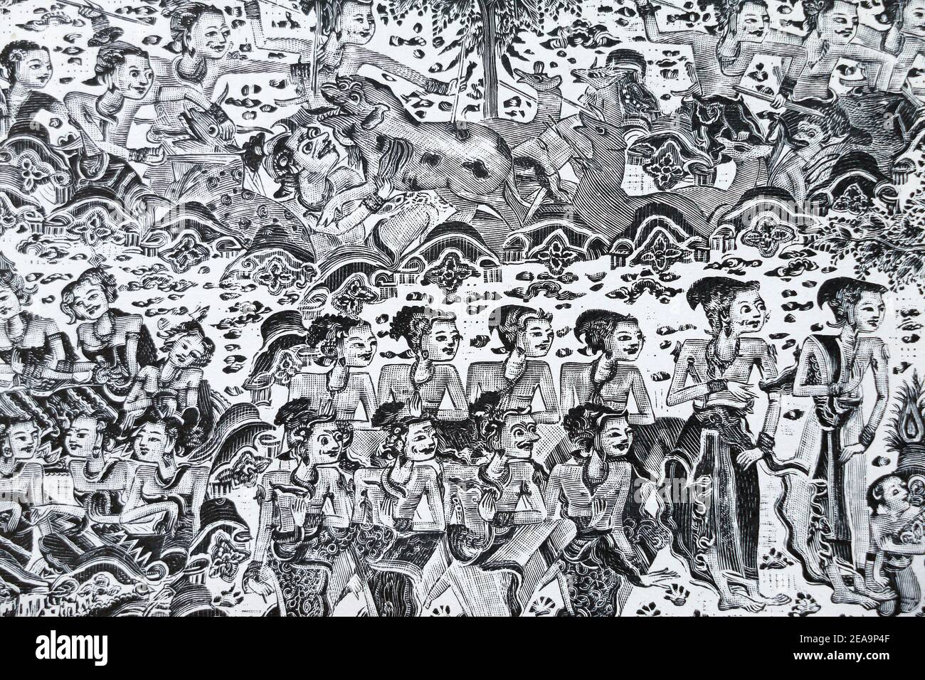 Images de la mythologie indienne du temple de Klungkung, dans le sud-est de Bali. Gravure du XIXe siècle. Banque D'Images