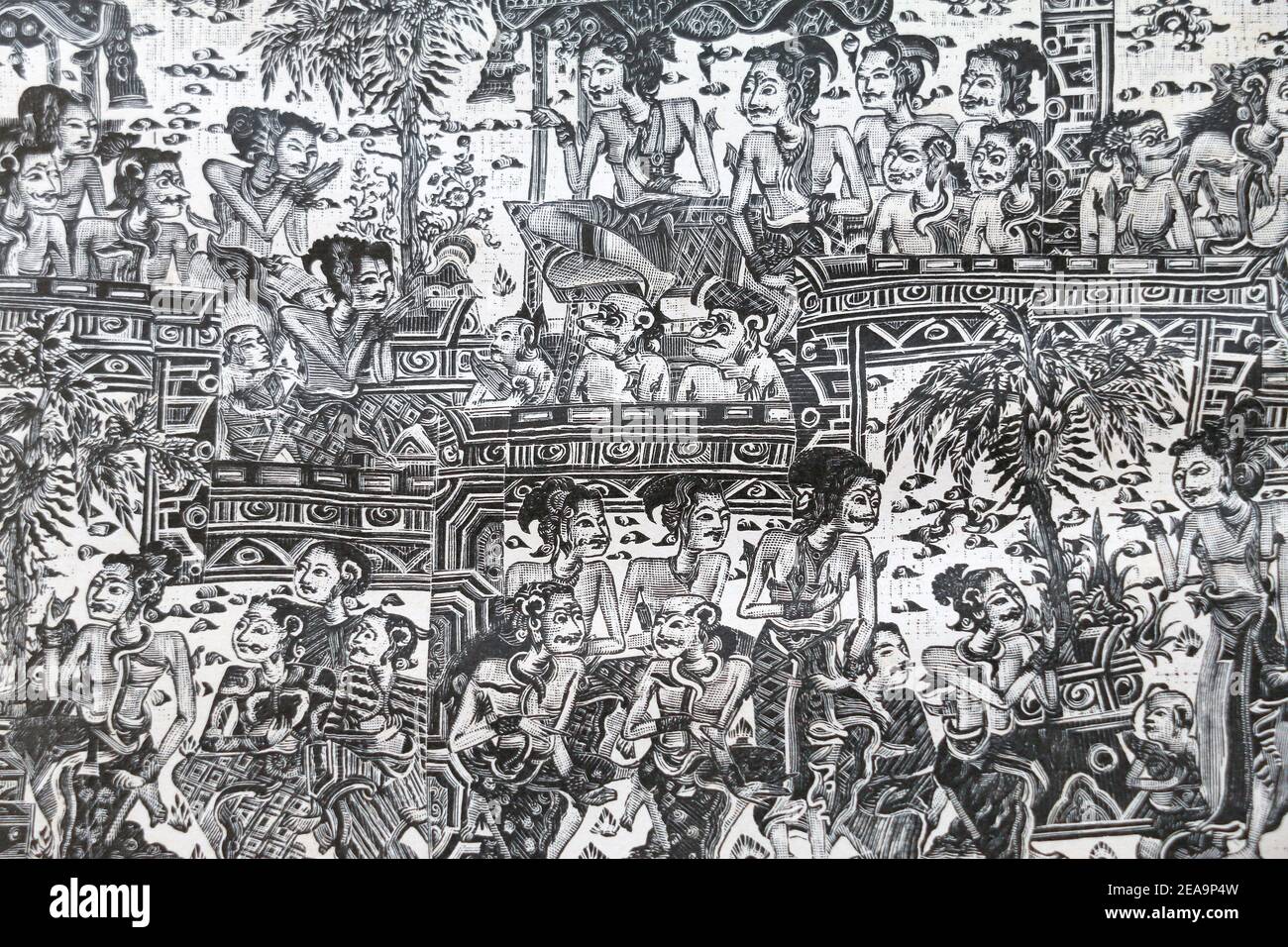 Images de la mythologie indienne du temple de Klungkung, dans le sud-est de Bali. Gravure du XIXe siècle. Banque D'Images
