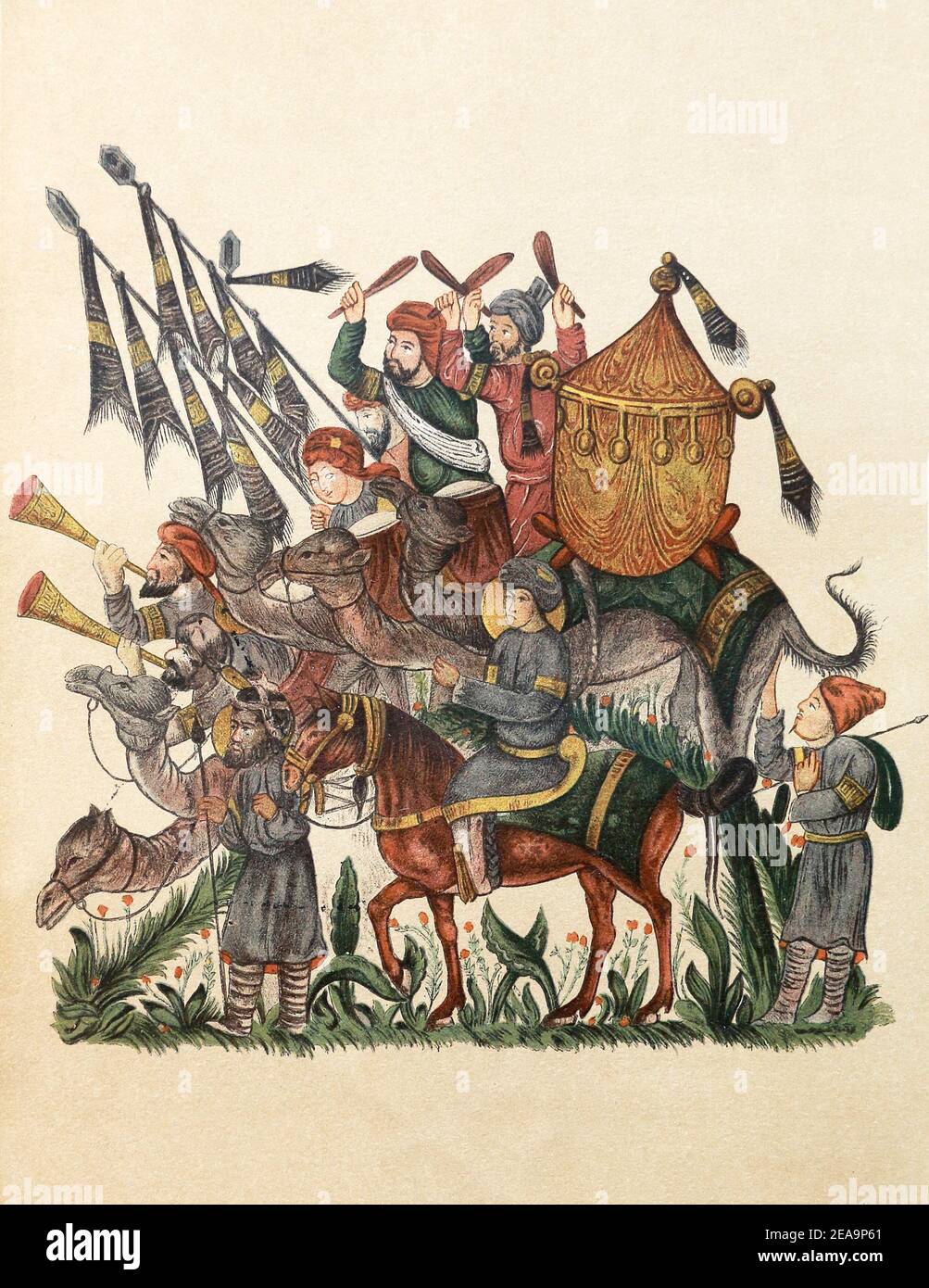 Musiciens et porte-étendards de l'armée de Saracen le mars. Image d'un manuscrit arabe. Banque D'Images