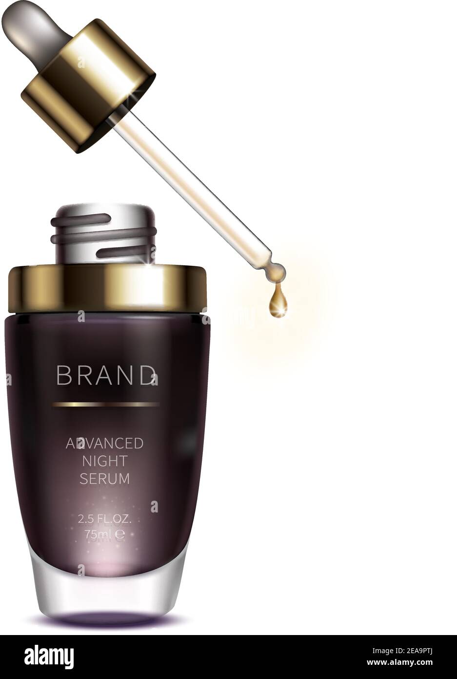 Sérum cosmétique de nuit pour les soins du visage, vecteur réaliste. Flacon en verre violet avec pipette goutte à goutte et goutte d'or liquide de sérum revitalisant, isolé sur blanc. Design de marque pour les cosmétiques haut de gamme Illustration de Vecteur