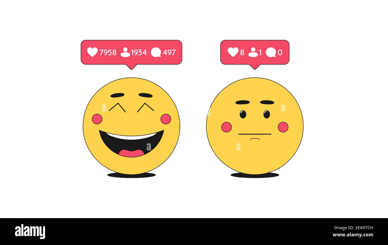 Emoji joyeux et frustré pour la promotion de compte dans les réseaux sociaux. Émoticônes de dessin animé avec expressions du visage et notification de bulle avec compteur Illustration de Vecteur