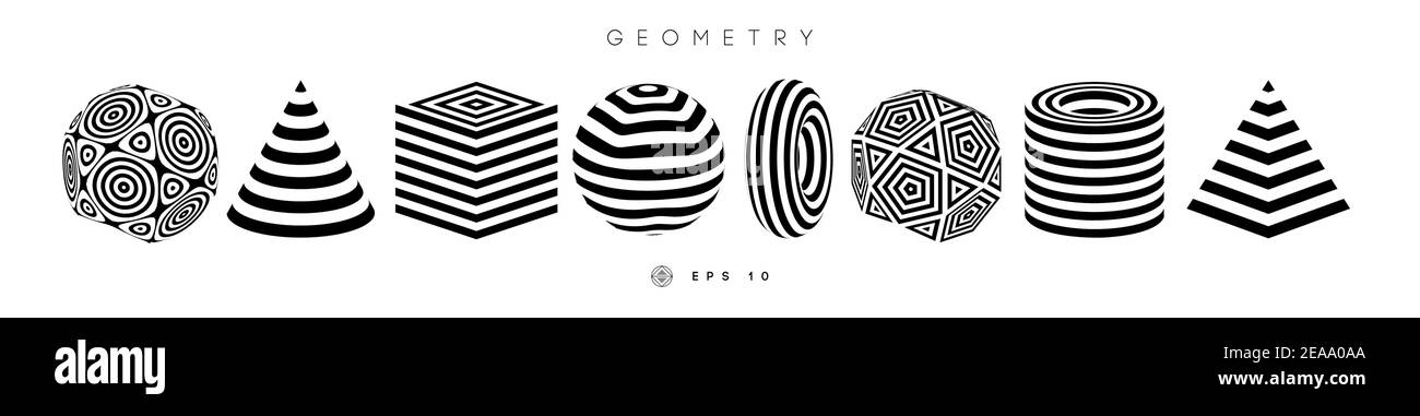 Jeu de vecteurs de formes d'illusion optique. Rayures pyramidales. Cylindre et cube optique abstrait lignes noir et blanc. Cercles formes géométriques rondes Illustration de Vecteur