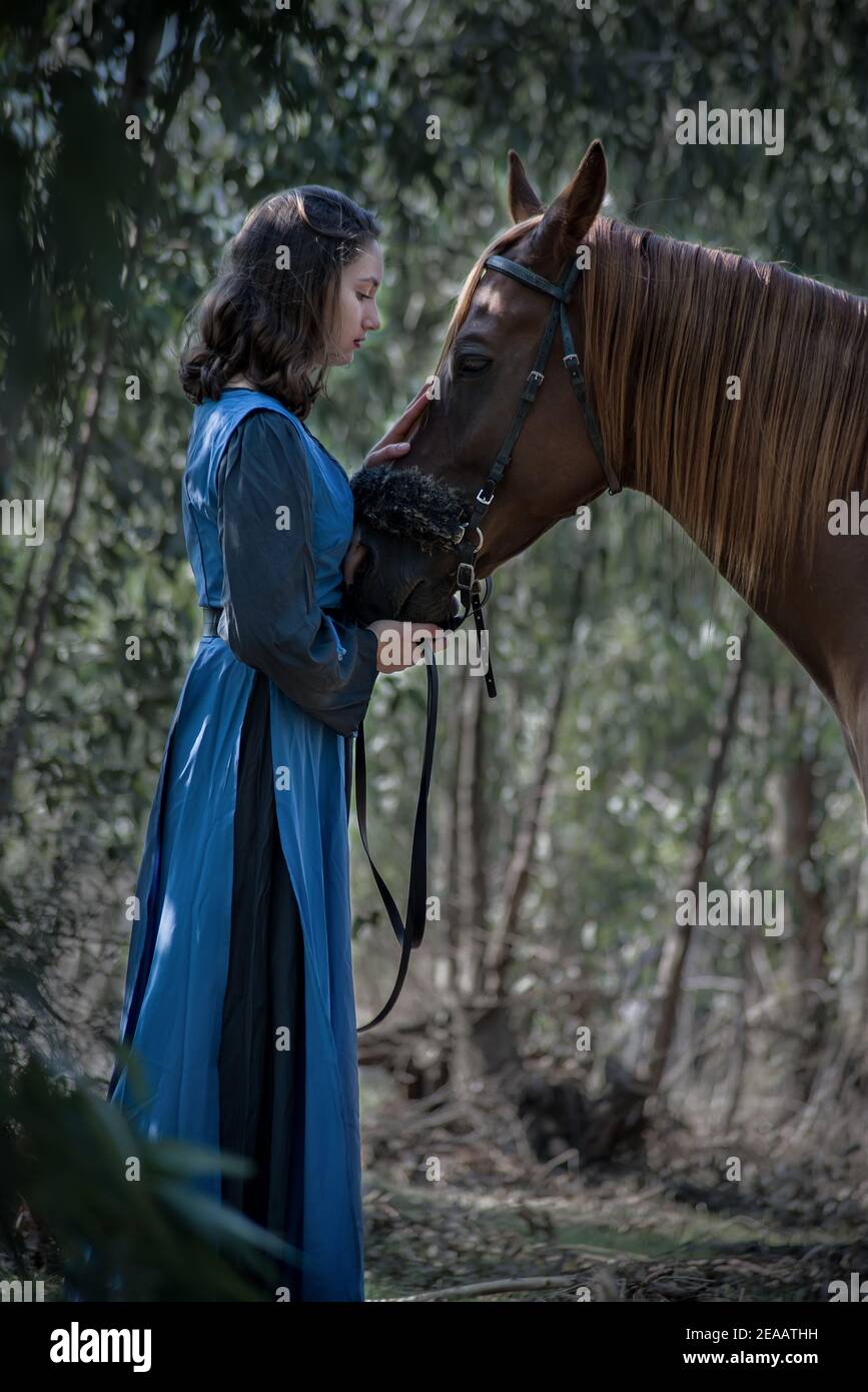 Profil d'une jeune fille caressant doucement un cheval avec un regard affectueux, alors qu'ils sont dans les bois sur une lumière bleuâtre du matin. Banque D'Images