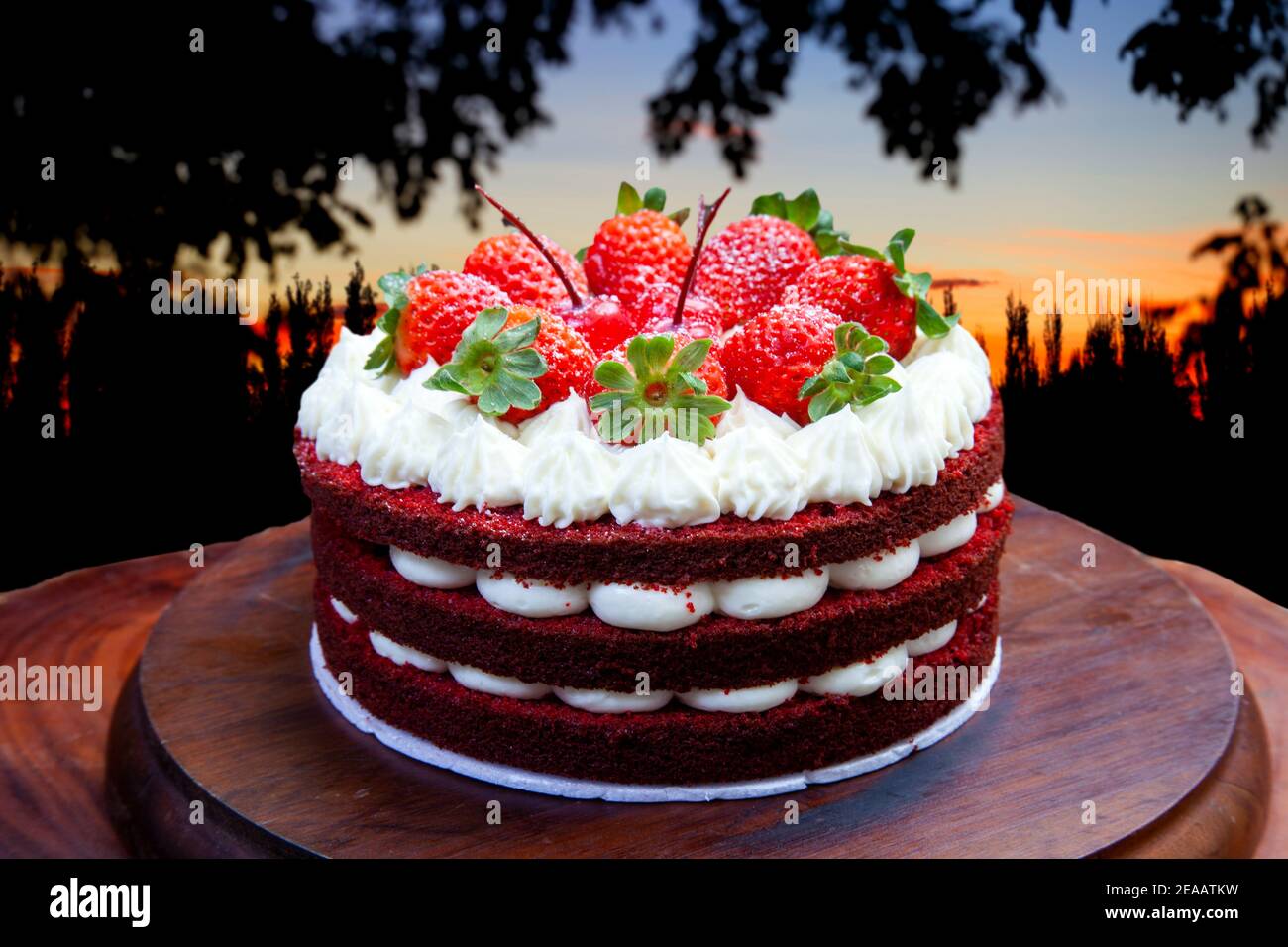 Gâteau avec glaçage au chocolat blanc, crème fouettée et fraises Photo  Stock - Alamy