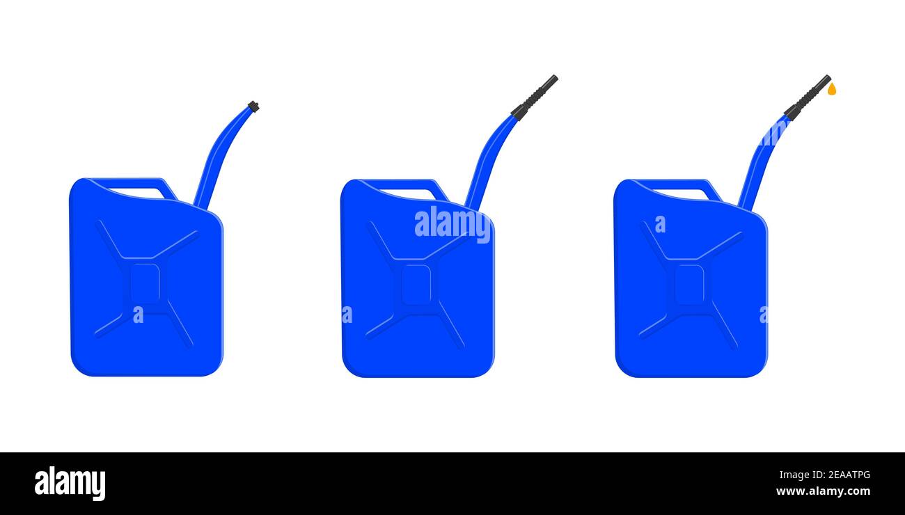 Jeu de conteneurs d'essence, de bidons de gaz avec bouchon de fermeture, bec verseur et goutte de carburant. Réservoirs d'essence isolés sur fond blanc. Illustration de dessin animé vectoriel. Illustration de Vecteur