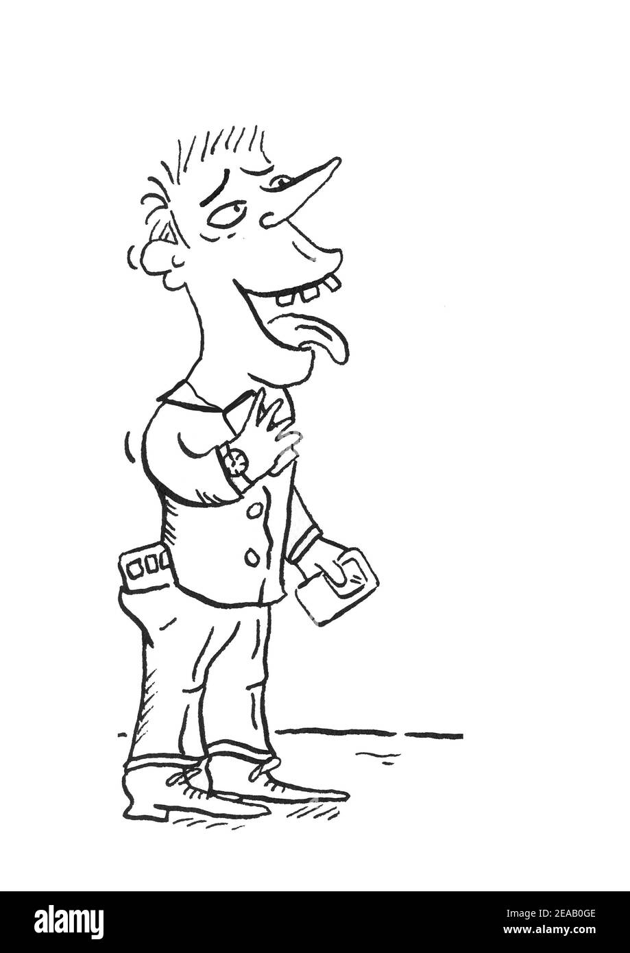 Un homme parle beaucoup sur ses téléphones cellulaires. Dessin animé Banque D'Images