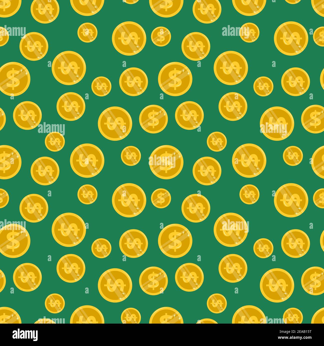 Motif brillant sans couture avec des pièces de monnaie en or sur un vert arrière-plan Illustration de Vecteur