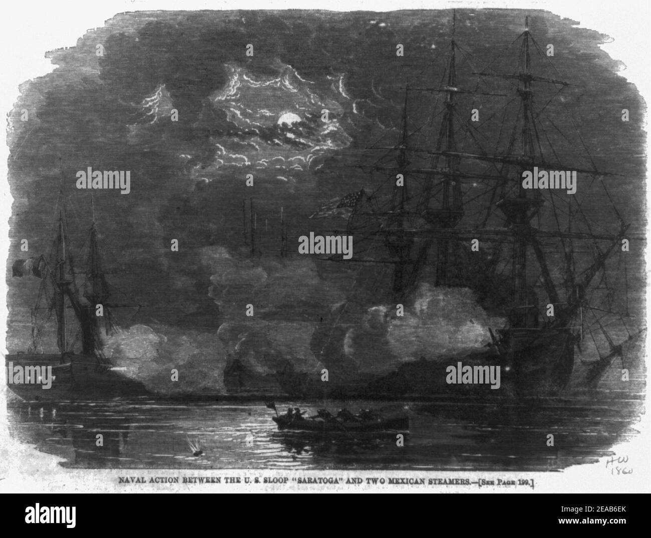 Action navale entre les États-Unis et Saratoga Sloop deux steamers mexicain Banque D'Images