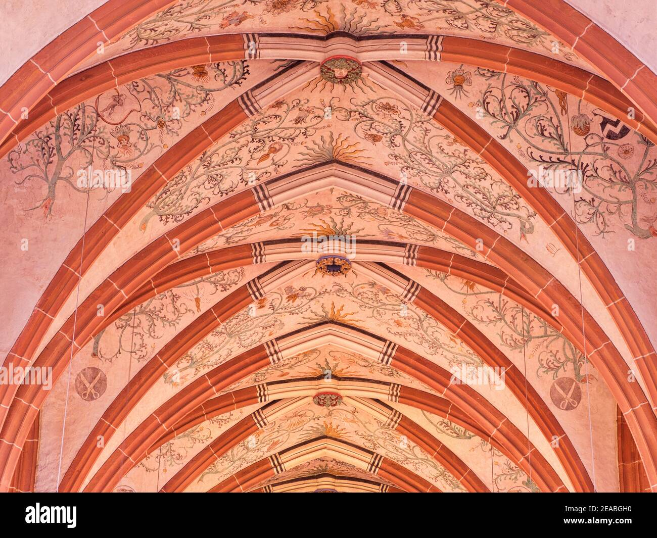 Europe, Allemagne, Hesse, ville de Frankenberg, Parc naturel de Kellerwald-Edersee, Eglise notre-Dame, vue sur la peinture de plafond, signes de guilde (ciseaux, fers à cheval, chaussures) dans les casquettes de voûte Banque D'Images