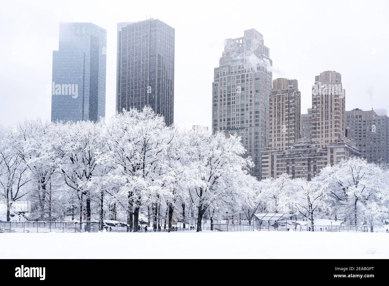 Vue magnifique sur la ville de New York depuis Central Park lors d'une tempête de neige depuis le terrain de baseball. Banque D'Images