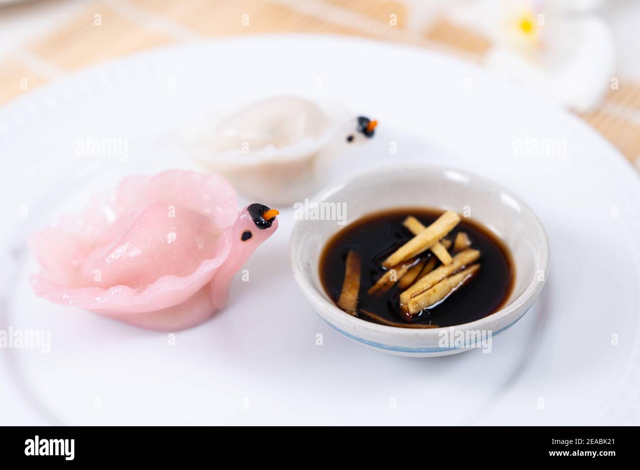 Boulettes chinoises de la somme de Har Gao Dim en forme de un cygne Banque D'Images