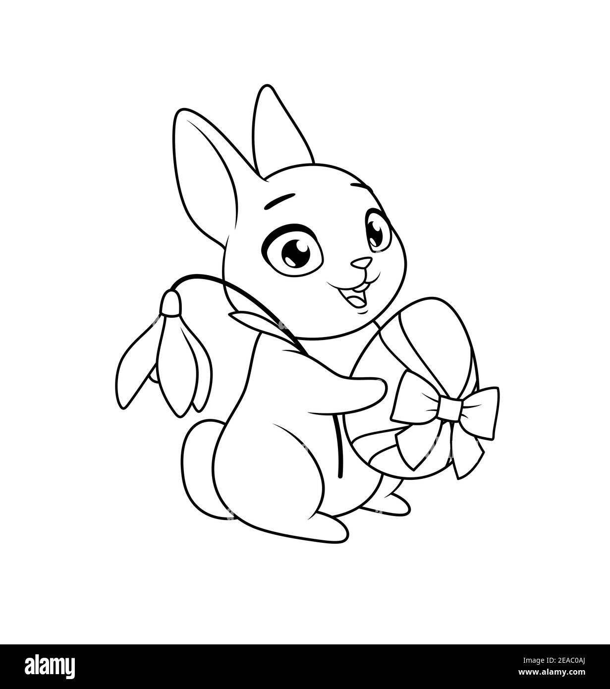 Joli lapin contenant un œuf et une fleur en forme de goutte de neige. Page de coloriage vectorielle de message d'accueil de Pâques. Illustration de Vecteur