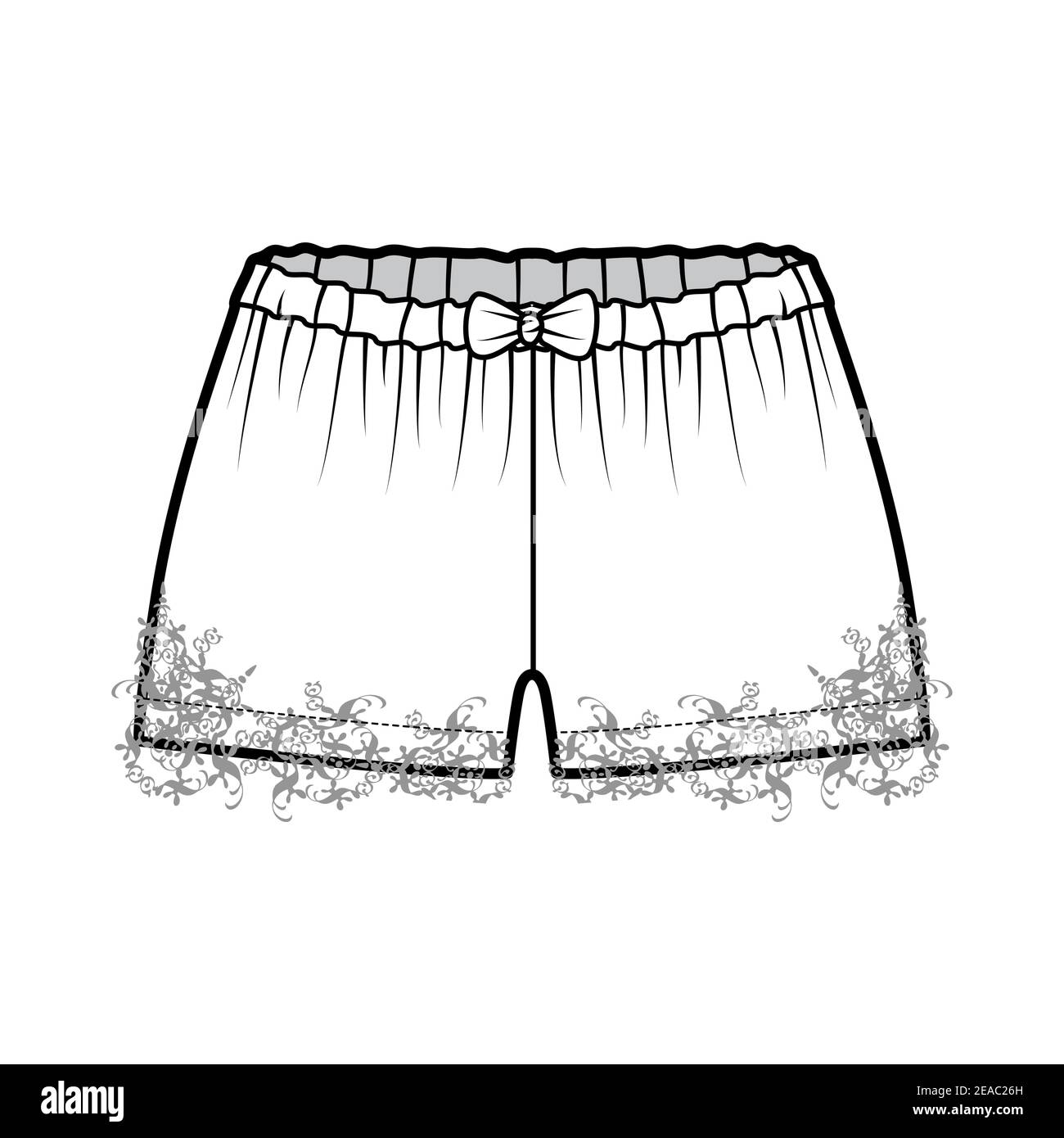 Pantalon à robinet court illustration technique de la mode avec noeud, dentelle, longueur mini, taille basse, taille haute. Modèle de vêtement de nuit sans pinces sur le devant, de couleur blanche. Femmes hommes unisexe CAD maquette Illustration de Vecteur