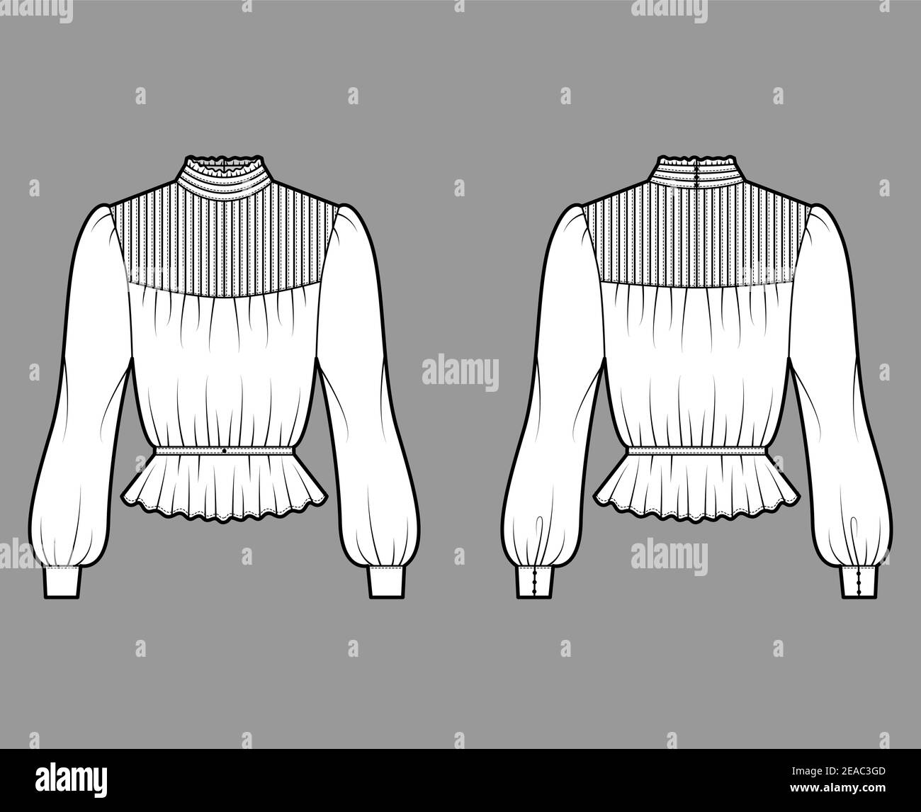 Gibson blouse illustration technique de la mode avec des manches longues bouffantes, col montant, ourlet péplum, corps ajusté, nervuré. Modèle de dessus de vêtement plat avant, arrière, blanc. Femmes, hommes unisex CAD maquette Illustration de Vecteur