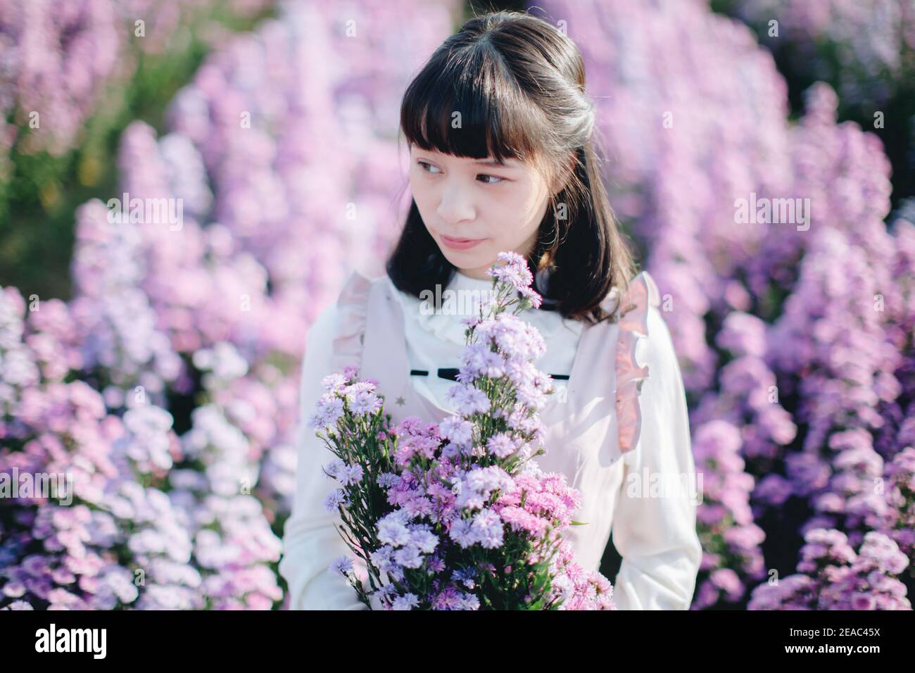 Portrait de fille asiatique avec fond de fleurs violettes Banque D'Images