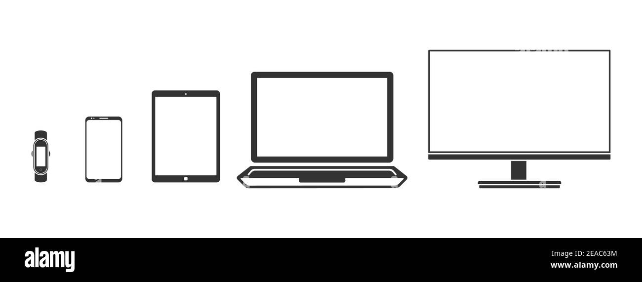 Maquette d'un ordinateur, d'un ordinateur portable, d'une tablette, d'un téléphone et d'un bracelet de fitness. Gadgets modernes réalistes. Illustration de Vecteur Maquette d'un ordinateur, d'un ordinateur portable, d'une tablette, d'un téléphone et d'un bracelet de fitness. Gadgets modernes réalistes. Illustration de Vecteur