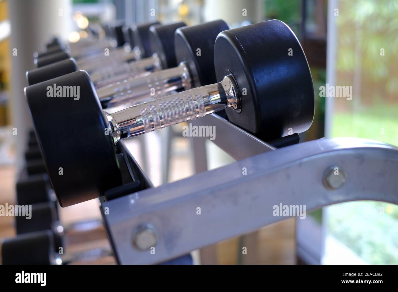 Une photo en gros plan des haltères en acier avec protection en caoutchouc noir qui se trouve dans les rangées d'un rack en métal dans une salle de sport, à côté d'une fenêtre en verre. Banque D'Images